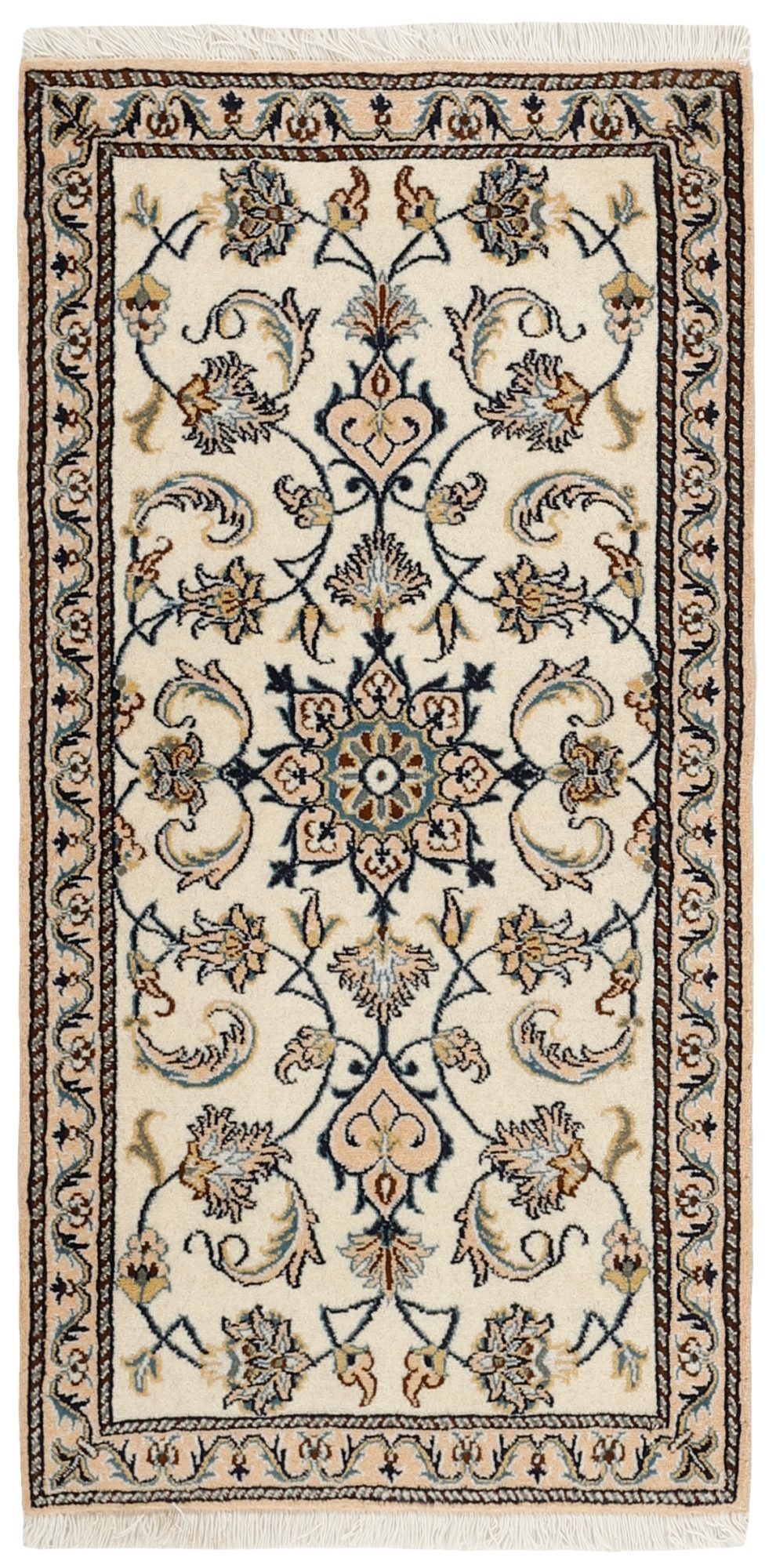 Wohnando Teppich MY-RUG Perserteppich Nain Kashmar Medaillon-Design creme 135x69cm, Rechteckig, Höhe: 12 mm, Handgeknüpfter Teppich,Handgesponnene Wolle, mit Naturfarben gegärbt