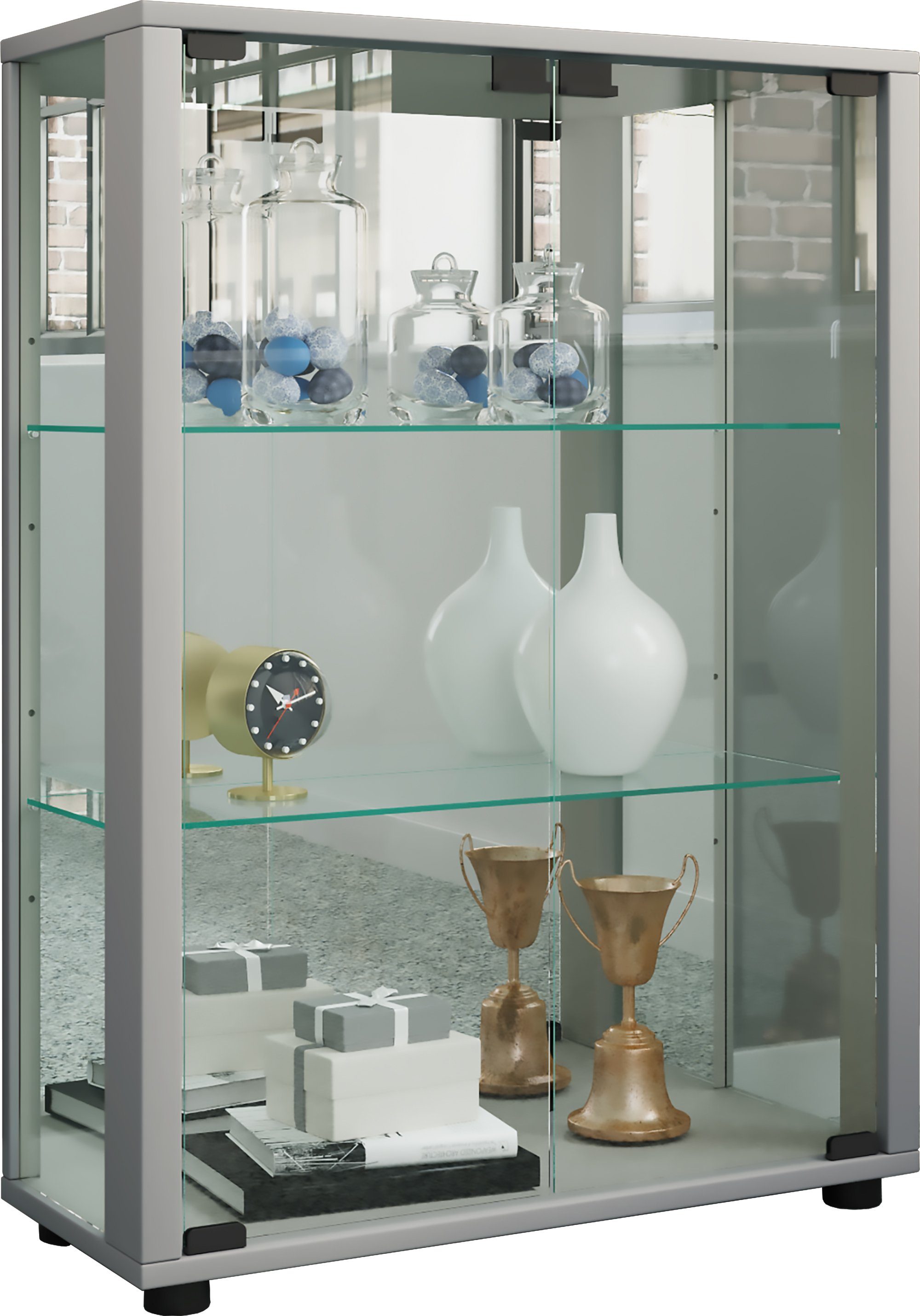 VCM Standvitrine Glasvitrine Sintalo mit Glastüren, Spiegel und Glasvitrine stehend, Modern und platzsparend, Glasschrank