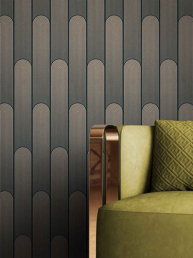Newroom Vliestapete, Schwarz Tapete Grafisch Leicht Glänzend - Mustertapete Grafik Gold Geometrisch Modern Linien Streifen für Wohnzimmer Schlafzimmer Küche