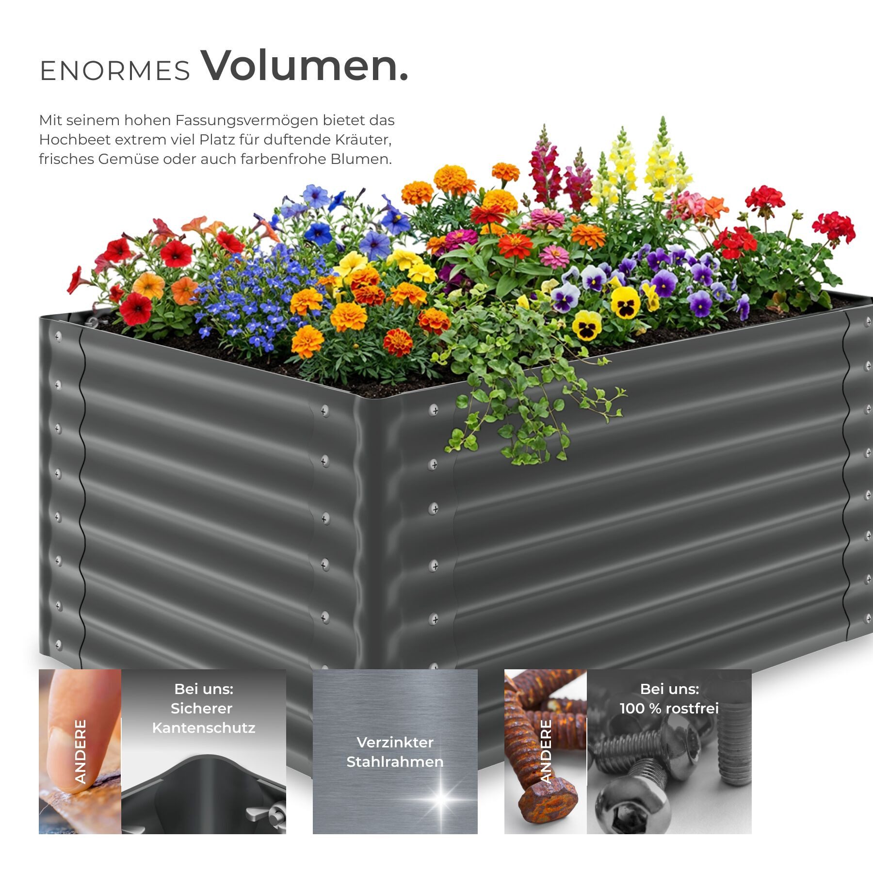 tectake Hochbeet Pflanzbeet 100 x 100 x 62 cm aus verzinktem Stahl, abgerundete (Gartenbeet Blomma, in Anthrazit), Inkl. Handschuhe, 600 l Fassungsvermögen, wit – Bild 3 von 5