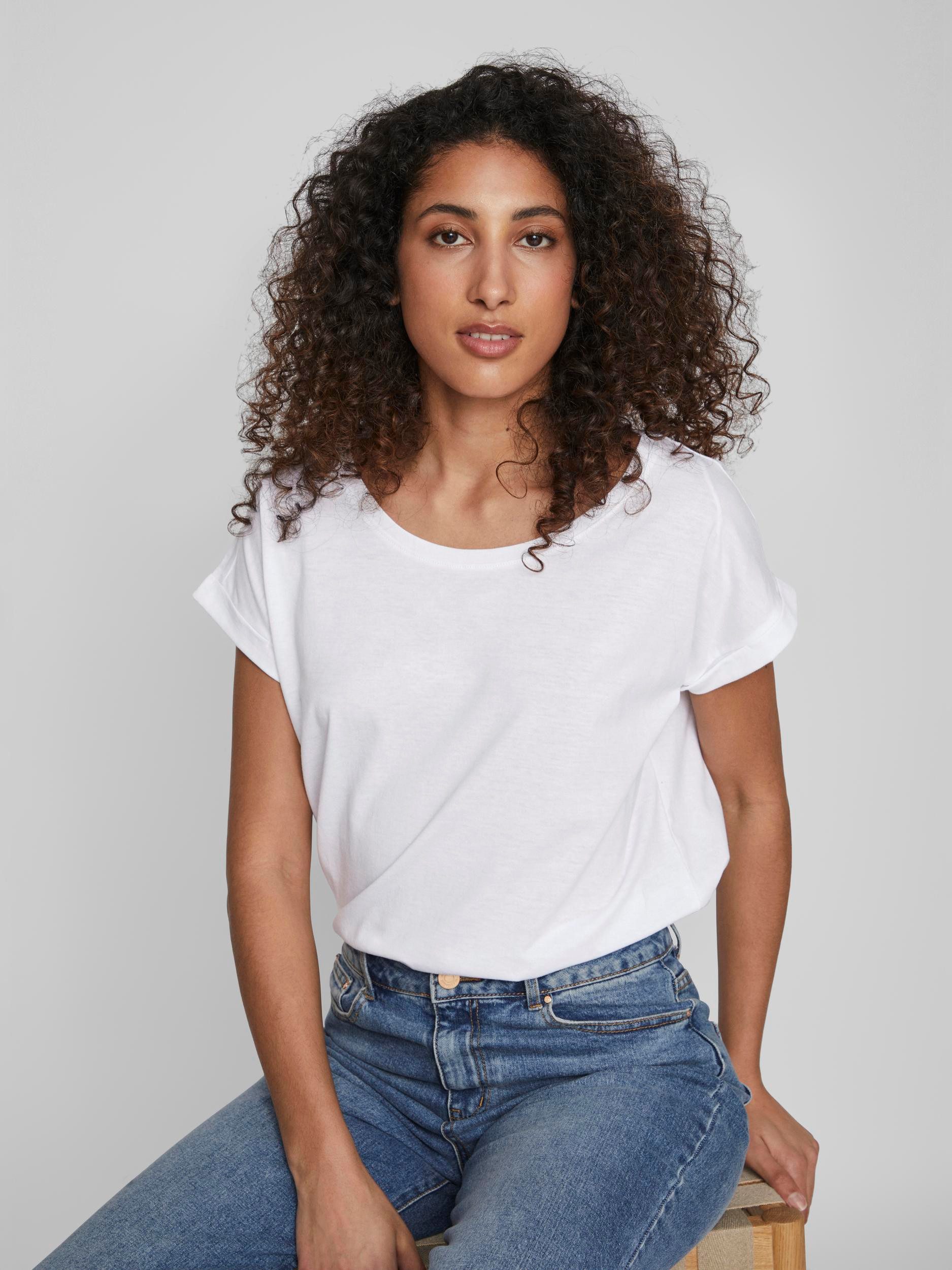 Vila Rundhalsshirt VIDREAMERS NEW PURE T-SHIRT/SU-NOOS Basic Damen-T-Shirt mit Rundhalsausschnitt und umgeschlagenen Ärmeln