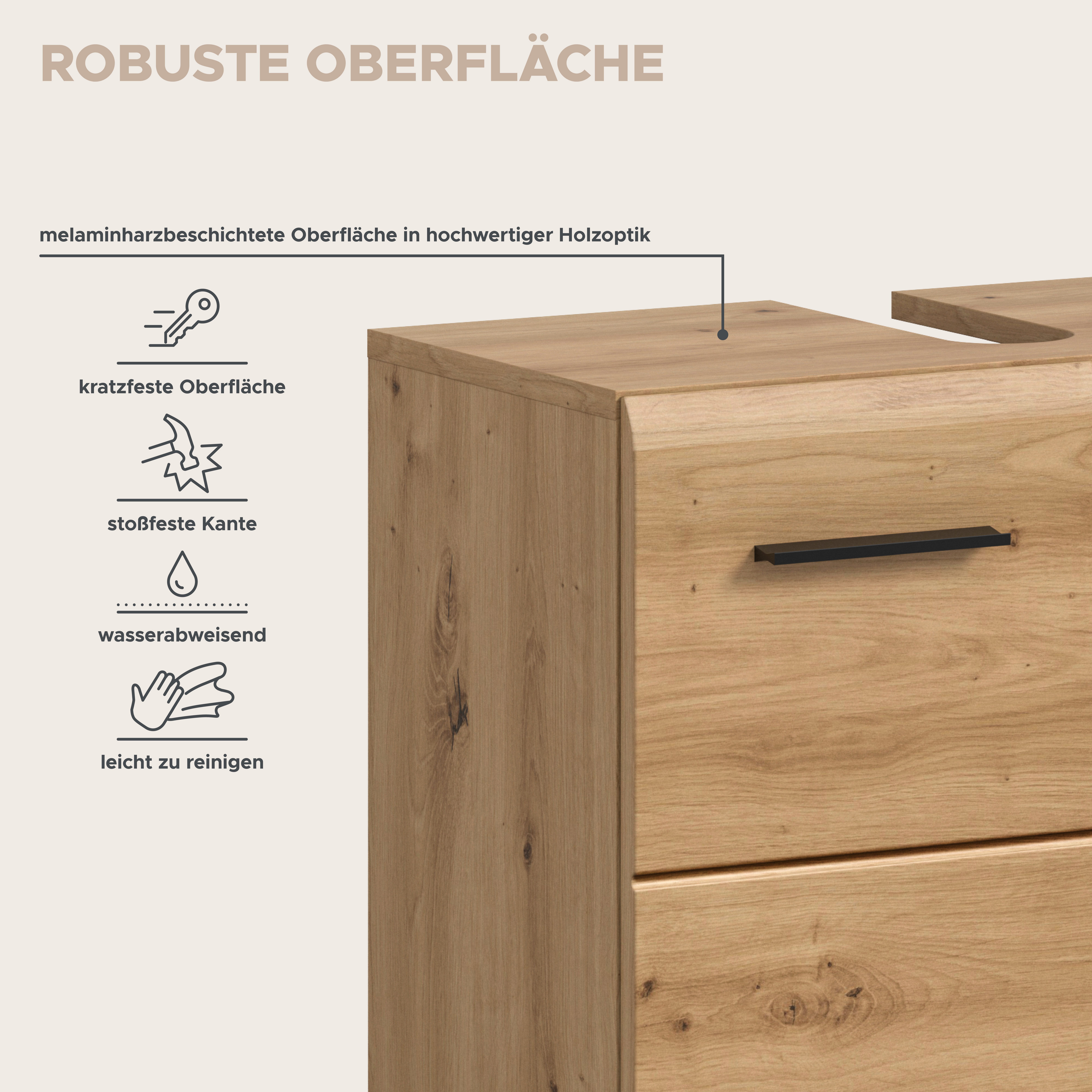 welltime Waschbeckenunterschrank FLORENZ, Breite 60cm, inkl. Siphonausschnitt, mit Türen oder Schüben (TOPSELLER) hochwertige MDF Front, Griff schwarz, Badschra – Bild 5 von 5