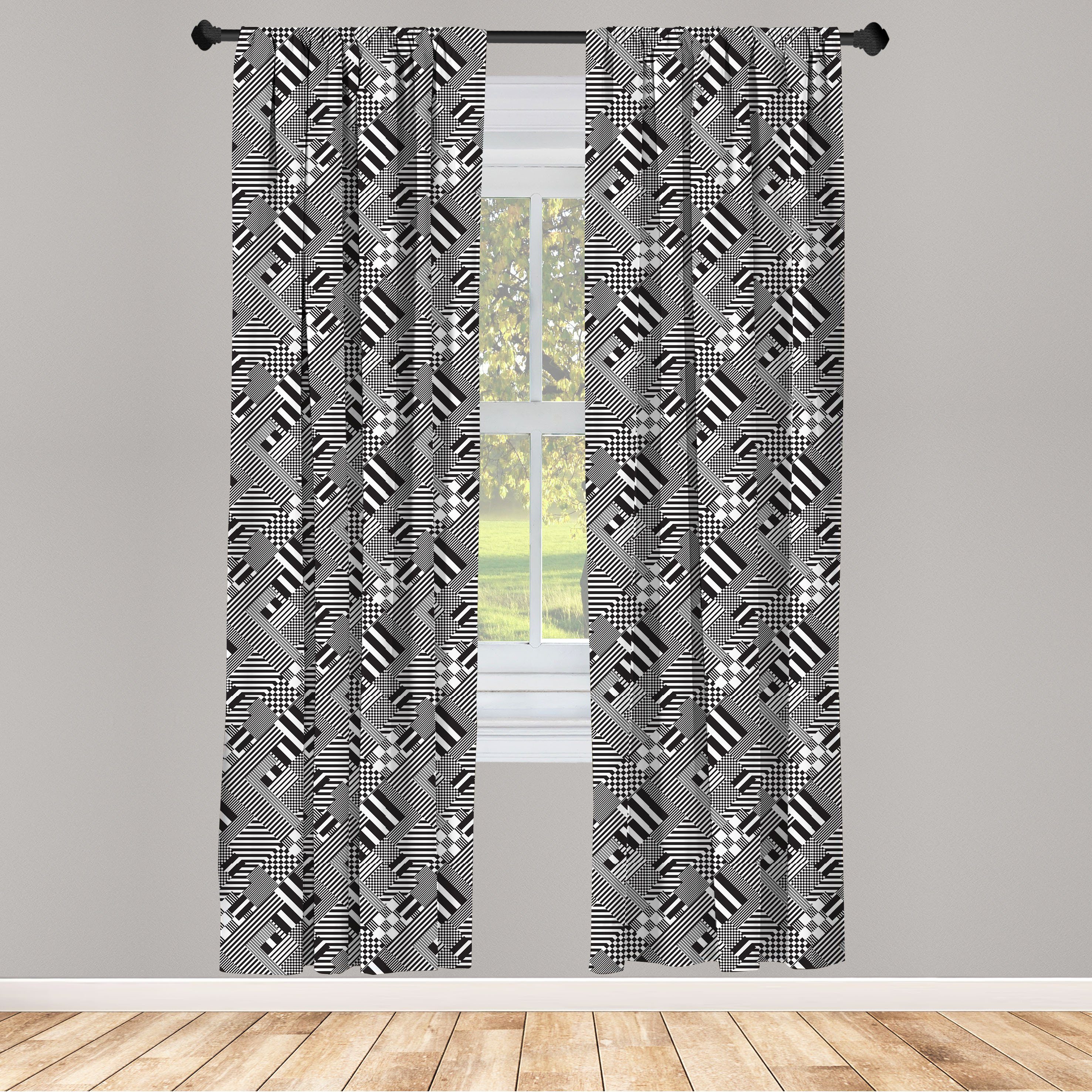 Gardine Vorhang für Wohnzimmer Schlafzimmer Dekor, Abakuhaus, Microfaser, Schwarz und weiß Stripes Sqaures | Fertiggardinen