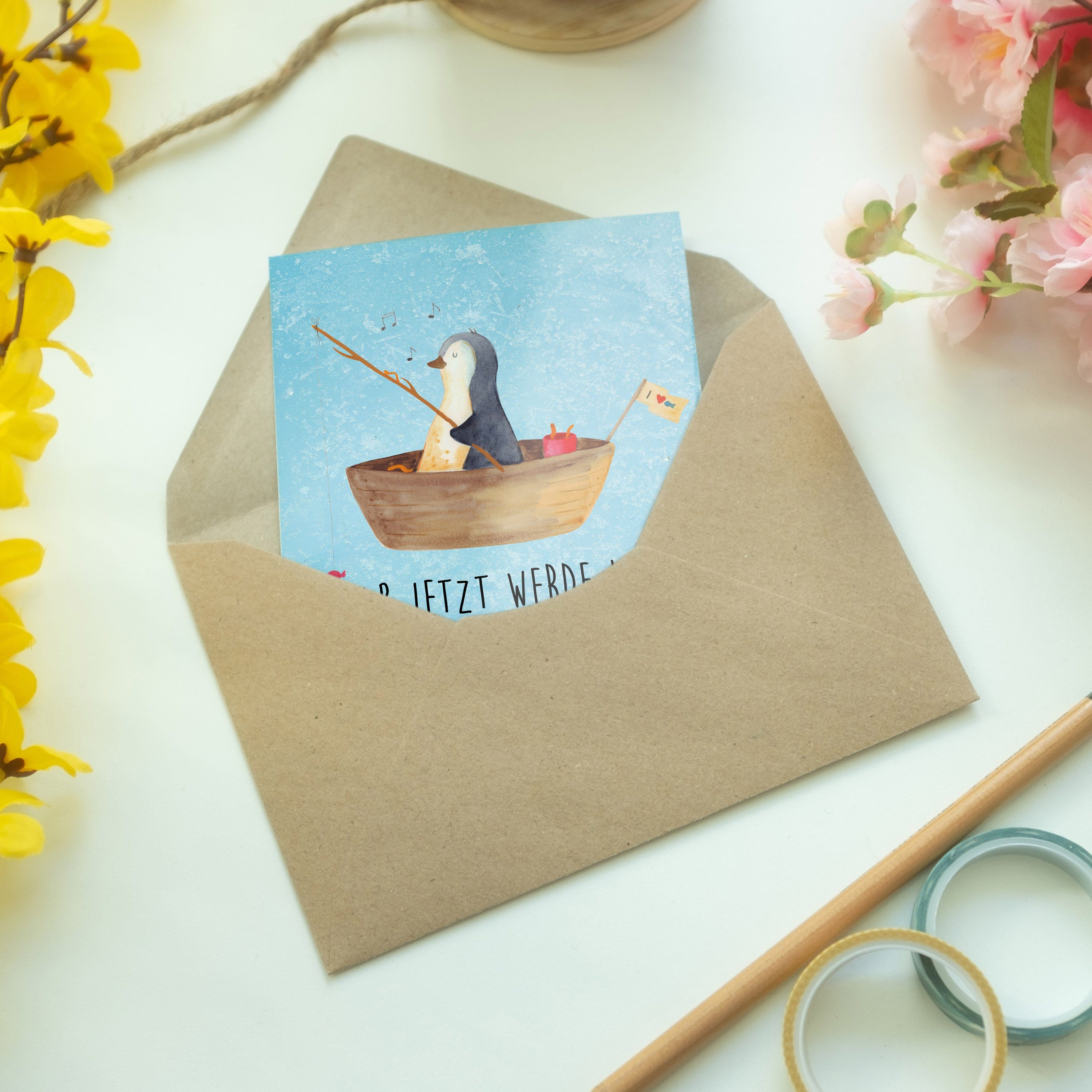 Eisblau Geburtstagskarte, Angelboot Panda Geschenk, - - Mrs. Grußkarte & Neuanfang Pinguin Mr.
