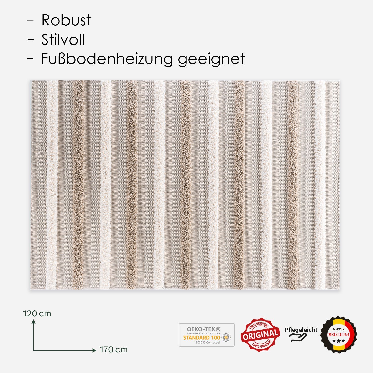 Teppich Creme-Braun und mit Flachgewebe-Kombination, 120x170cm Natural Hochflor- moderner Hoch-Tief-Struktur Teppich Weft DomDeco,