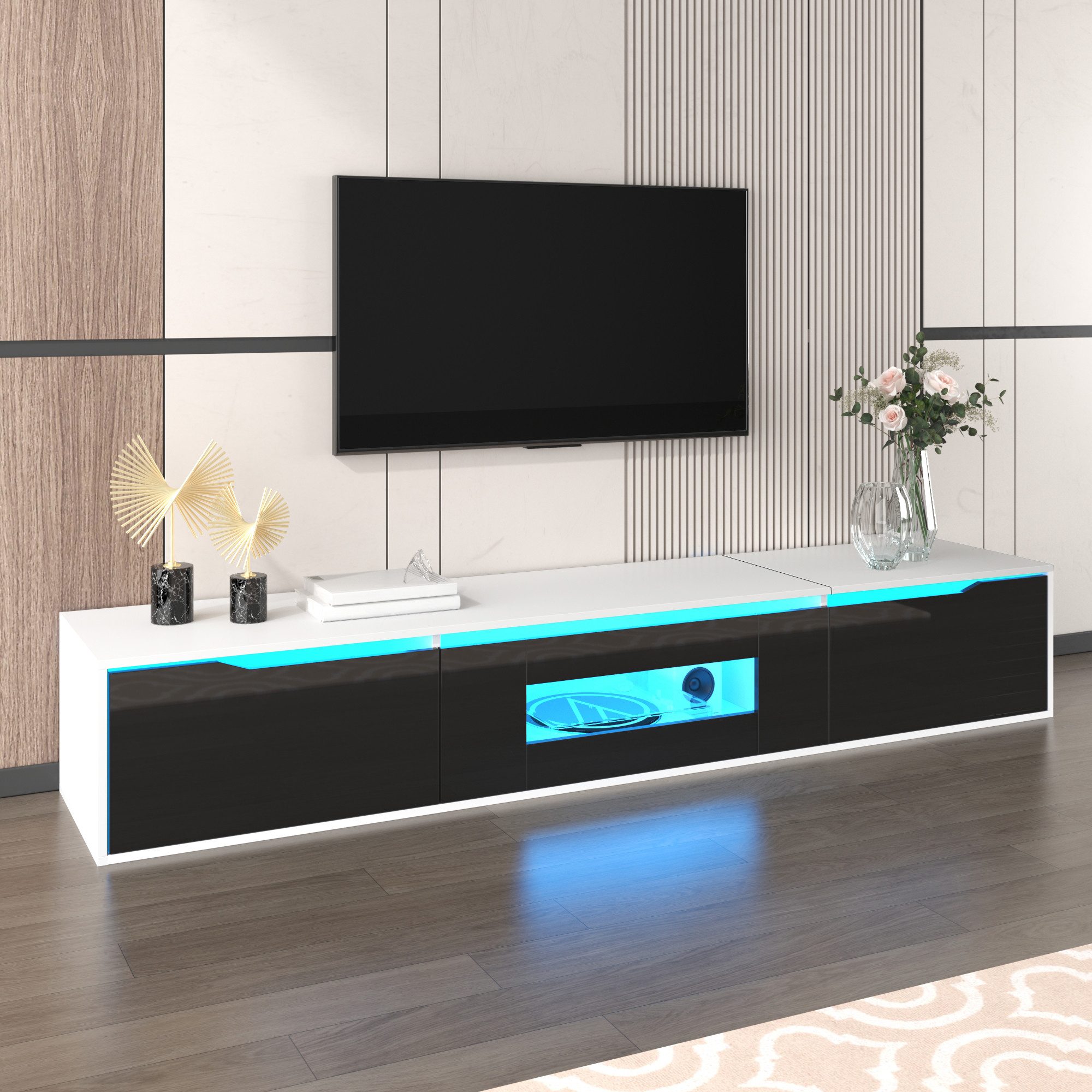 MODFU TV-Schrank Moderne Vitrine & Lowboard, Hochglanz (Breite 180 cm, 1-St., 180x30x35 cm, Schwarz) mit farbwechselnder LED-Beleuchtung