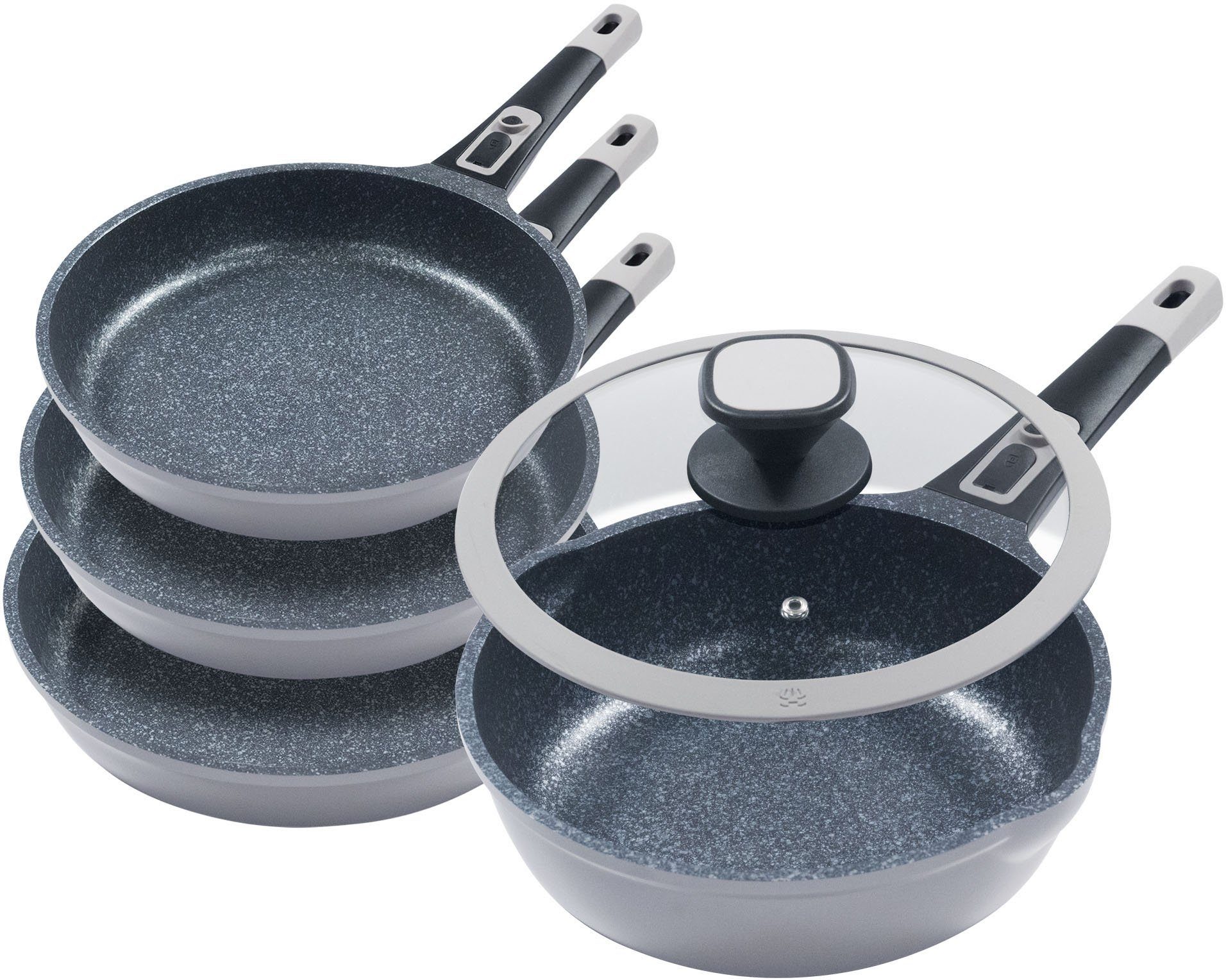 KING Pfannen-Set Moonscape, Aluminiumguss (Set, 5-tlg., je 1 Pfanne Ø 20/24/28/28 cm, H: 4,5/5/5,5/8,5 cm, - 1/1,9/2,5/4 l), abnehmbarer Griff, MOONSCAPE-Beschichtung, Induktion