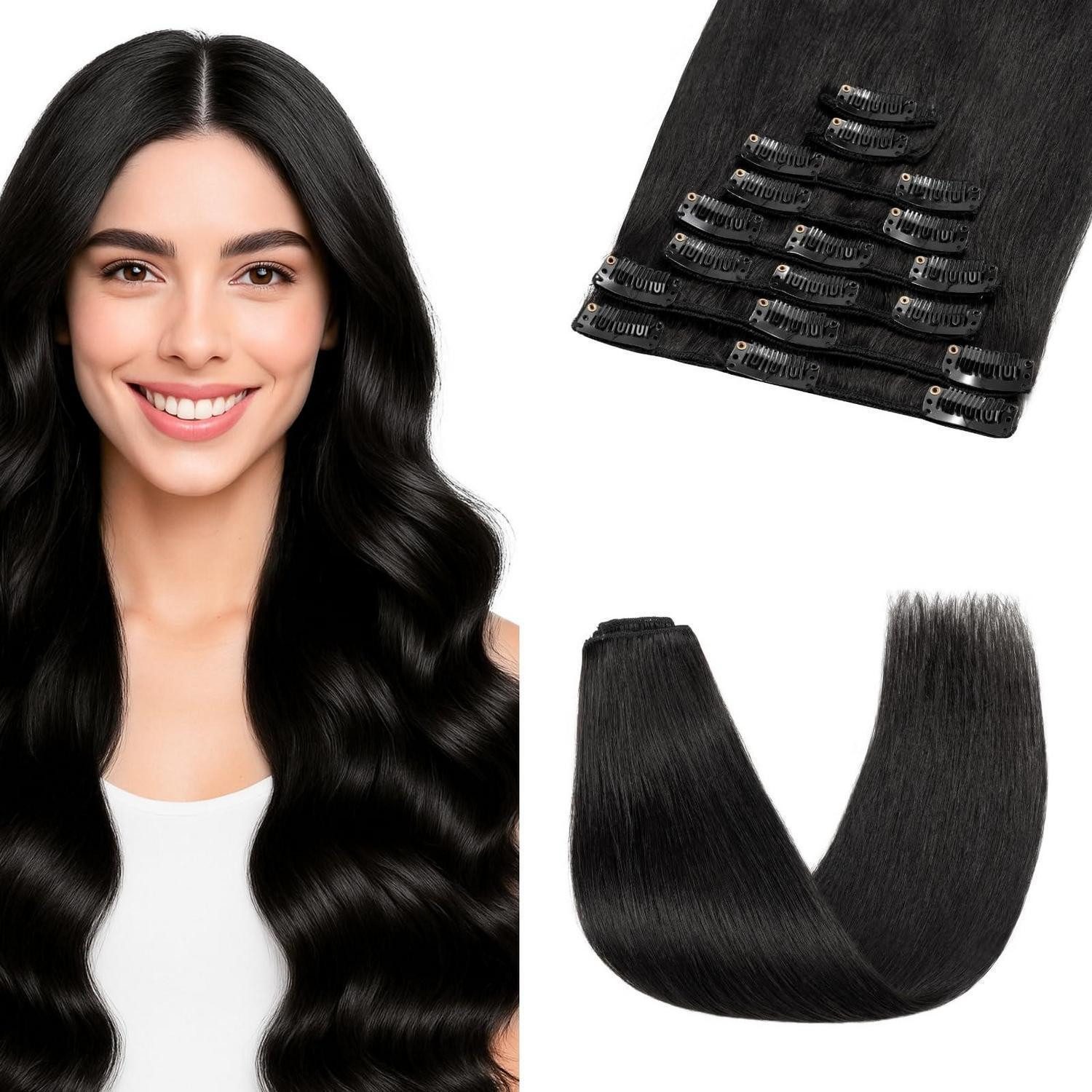 LuxusKollektion Echthaar-Extension Haarverlängerung Echthaar Clipin 8 Wefts Schwarz 01 Schwarz 30cm-55g
