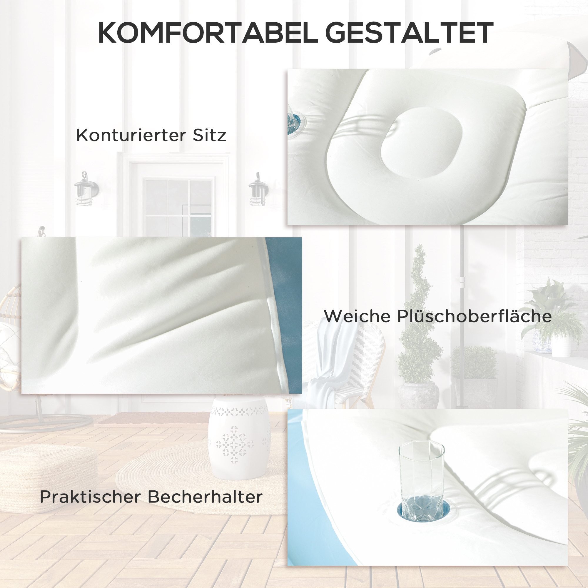 Outsunny Luftsessel Aufblasbares Sofa mit Fußhocker und Becherhalter, (Aufblasbarer Sessel, 2-tlg., Luftsofa), für Camping, Zuhause, Weiß+Blau, 125 x 100 x 87 c – Bild 5 von 5