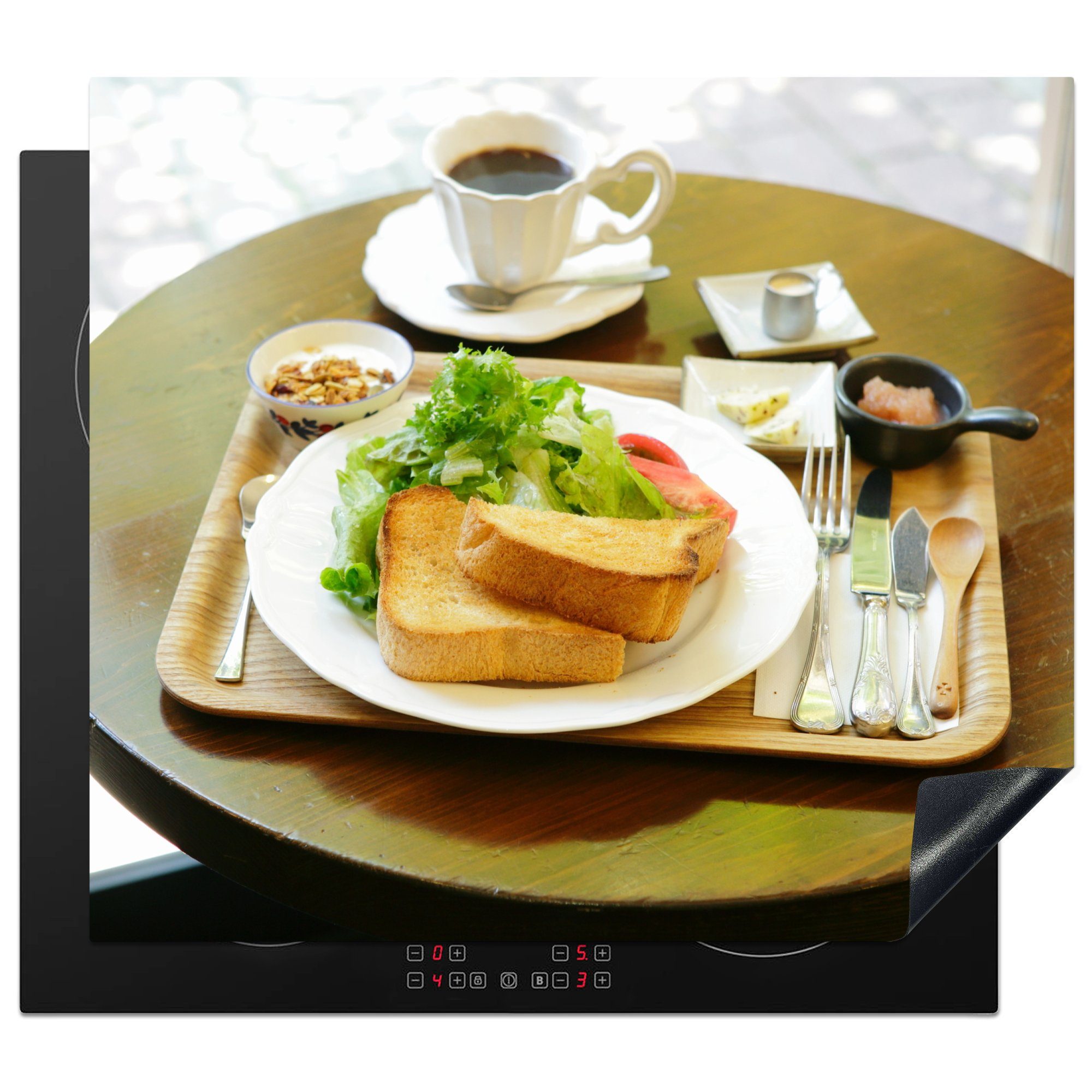 MuchoWow Herdblende-/Abdeckplatte Frühstück in einem Restaurant, Vinyl, (1 tlg), 60x52 cm, Mobile Arbeitsfläche nutzbar, Ceranfeldabdeckung