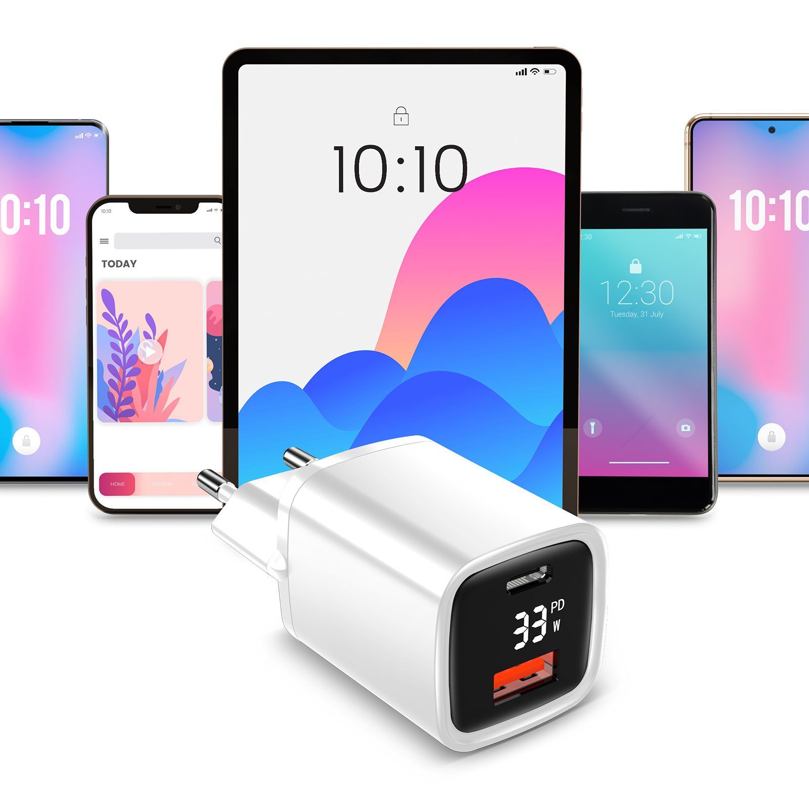 EAXUS 33 Watt USB-A + USB-C Netzteil mit Schnellladefunktion und Display USB-Ladegerät (4000,00 mA, 1-tlg., optional inkl. Schnellladekabel, USB Power Delivery + QC4.0 Schnellladung, zeigt Ladegeschwindigkeit)