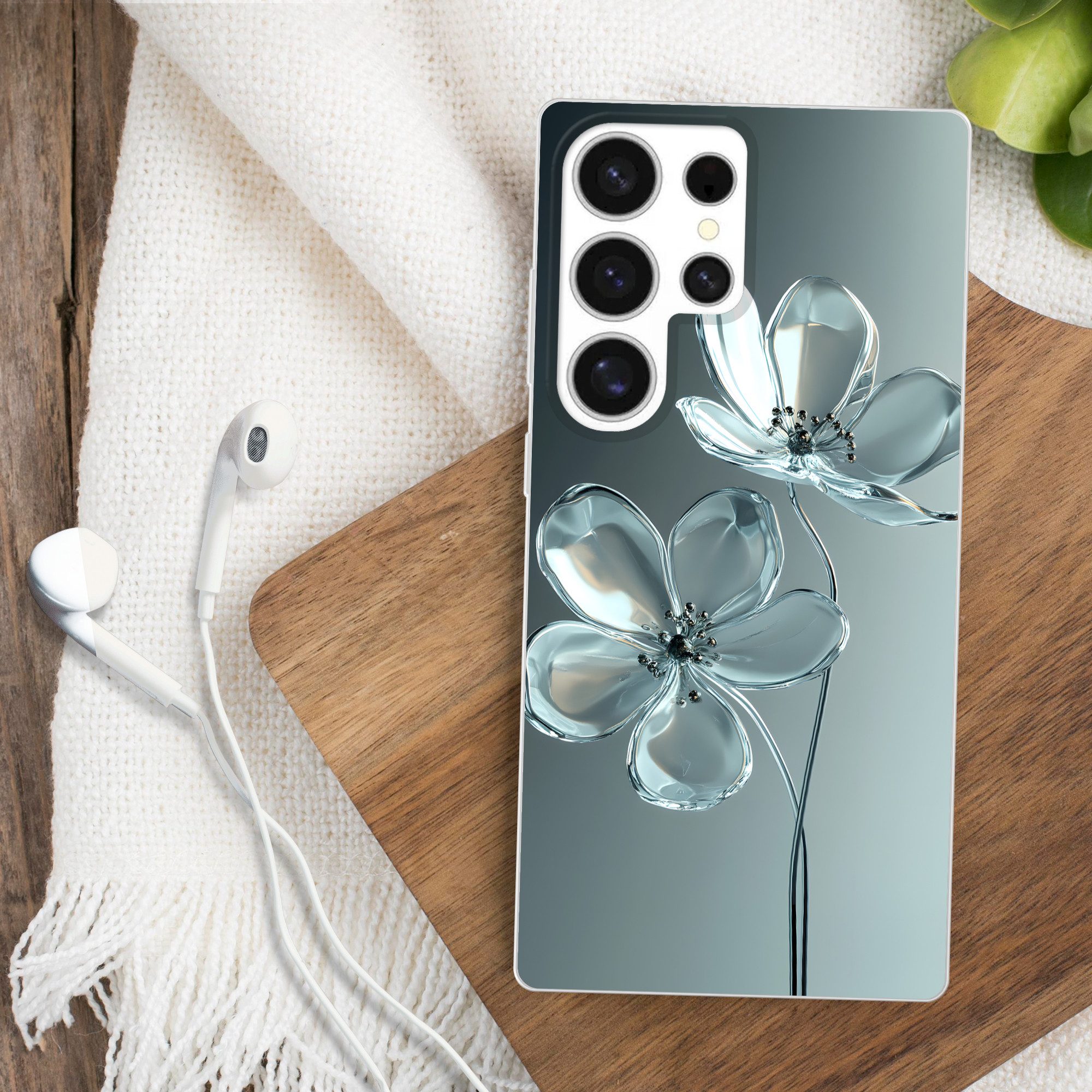 MuchoWow Handyhülle für Samsung Galaxy S25 Ultra Kristall - Blumen - Grau, Phone Case, Silikon, Schutzhülle Dünn