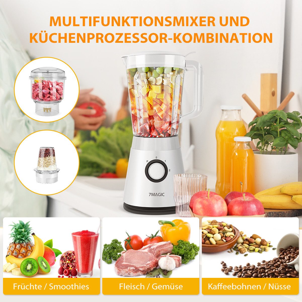 KNKA PRO Standmixer Smoothie Maker, Blender elektrisch, 600 W, 3Gang inkl. Zerkleinerer und Trockenmahlbecher