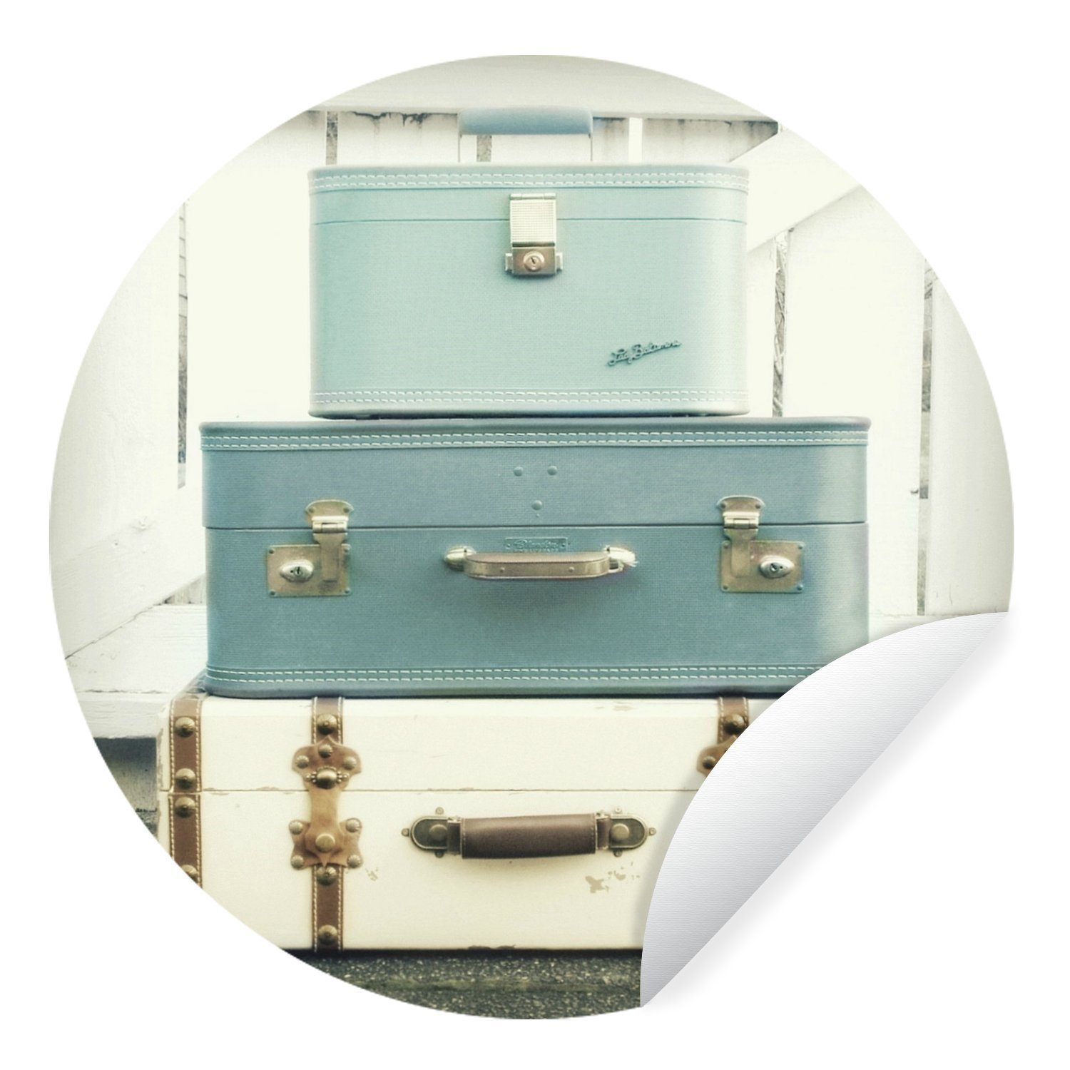 MuchoWow Wandsticker Koffer - Blau - Weiß - Vintage (1 St), Tapetenkreis für Kinderzimmer, Tapetenaufkleber, Rund, Wohnzimmer | Wandtattoos