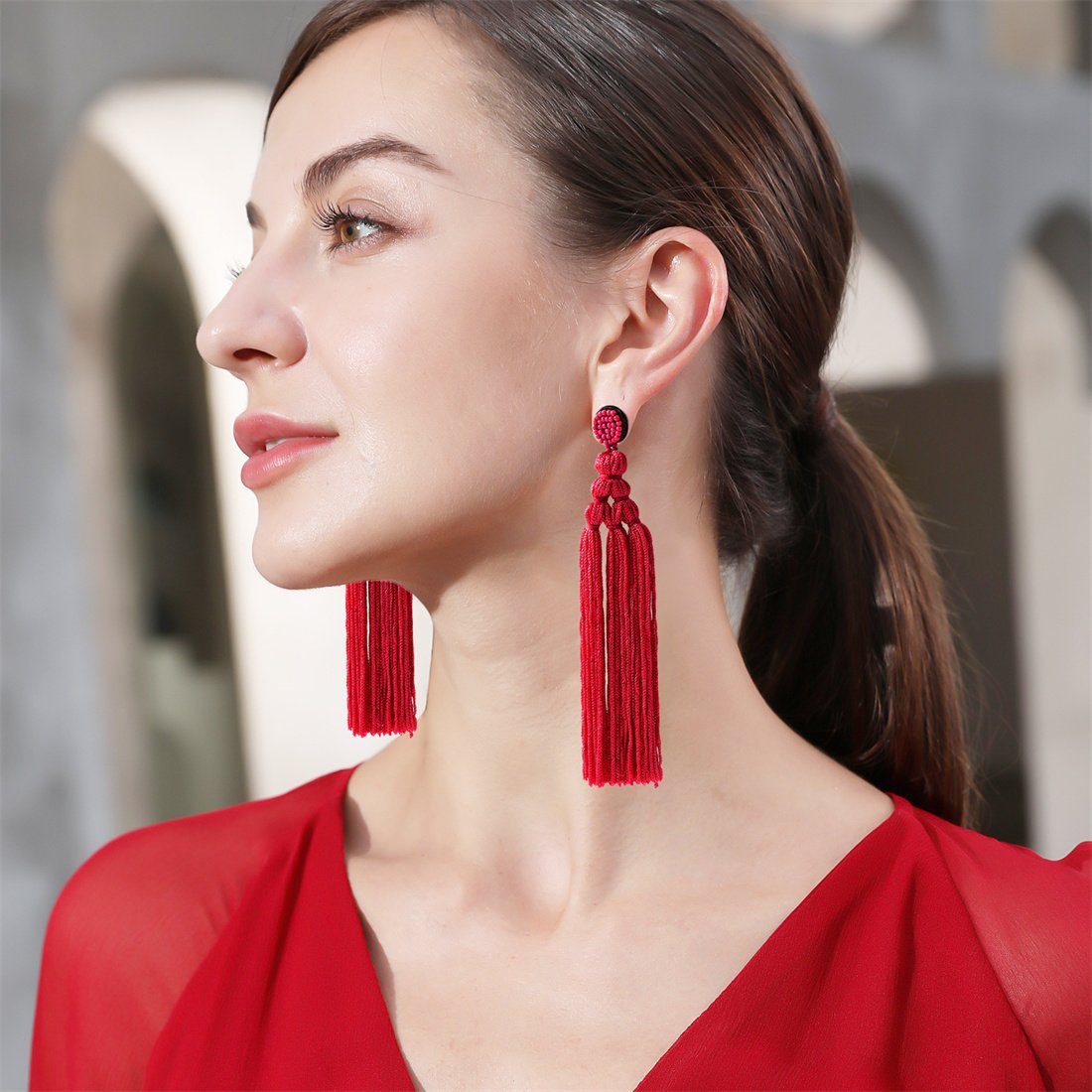 DÖRÖY Paar Ohrhänger Damen Vintage Quaste Ohrringe gewebt lange Rot Ohrringe, Mode Schmuck