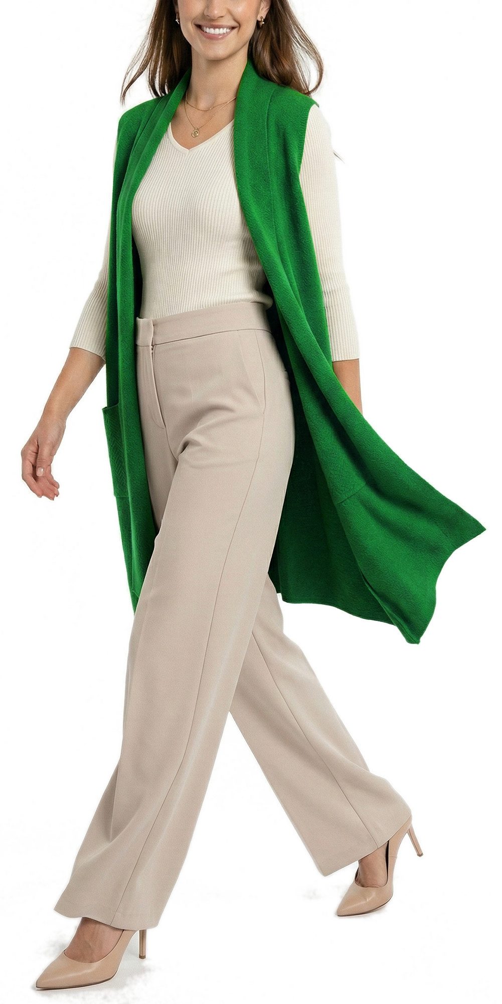 dy_mode Longweste Damen Strickweste lang Elegante Weste für die Übergangszeit in Unifarbe, ohne Verschluss, mit Vordertaschen