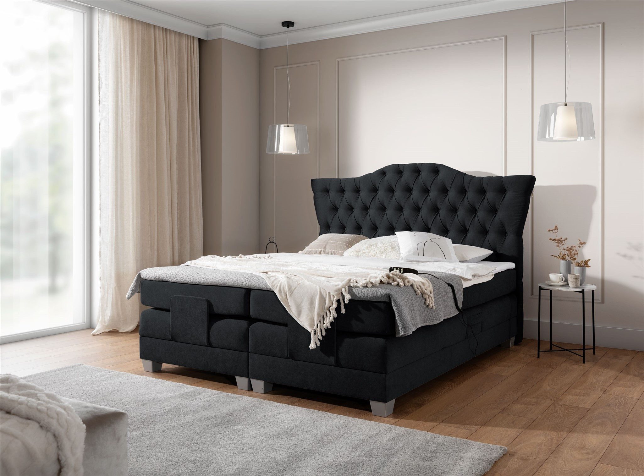 DB-Möbel Boxspringbett Schlafzimmerbett "FAUSTINO" Elektrisch in Stoff Wind (inkl. Viscoschaumtopper), Matratzen elektrisch verstellbar)