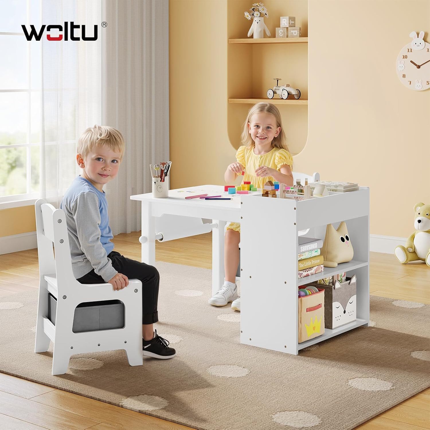 Woltu Kindertisch, mit 2 Stühlen, 2 Aufbewahrungsboxen, mit Stauraum, Weiß