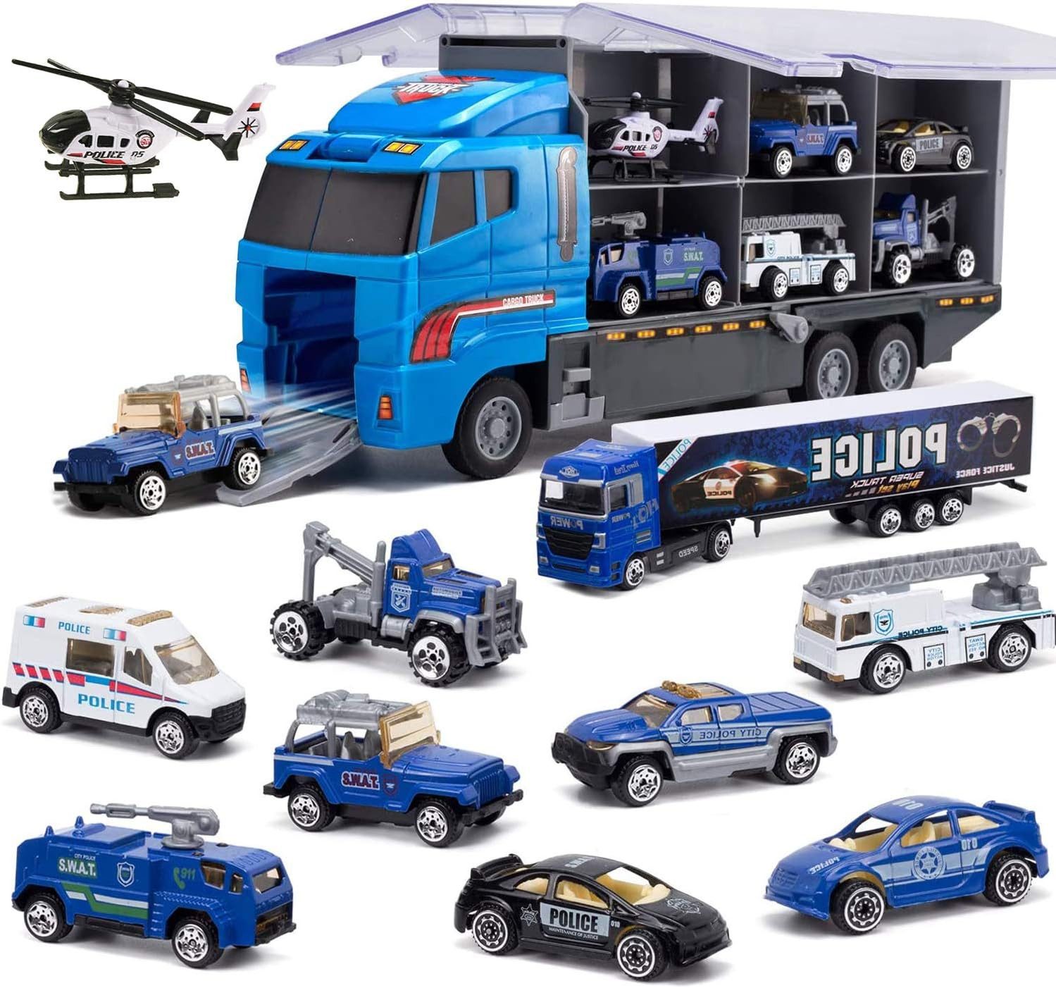 Vivitar Spielzeug-LKW 5-in-1 Spielzeugautos Baufahrzeug Spielzeug für Kleinkinder, (für Kinder ab 3 Jahren - Sicher und langlebig, Hochwertiger Kunststoff, abgerundete Kanten - Töne & Blinklicht, mit Friktionsantrieb: Einfach schieben für Transport+Rückzugsfunktion), Weihnachts- und Geburtstagsgeschenke für Jungen und Mädchen