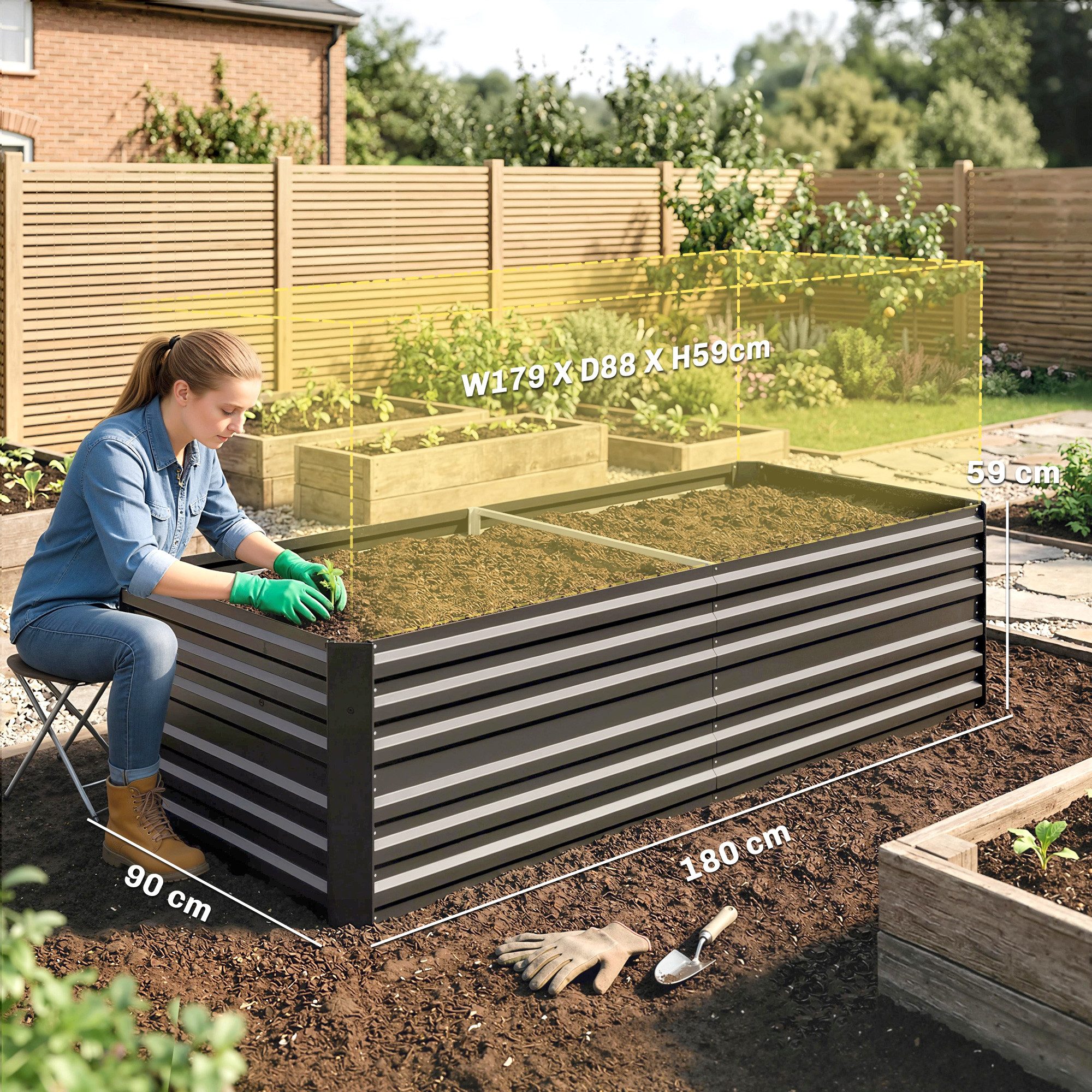 Outsunny Hochbeet Pflanzbeet Frühbeet aus Stahl steckbar (Pflanzkasten, 1 St., Gemüsebeet), 180x90x60cm für Garten Balkon Terrasse, für Blumen, Pflanzen, Obst – Bild 3 von 5