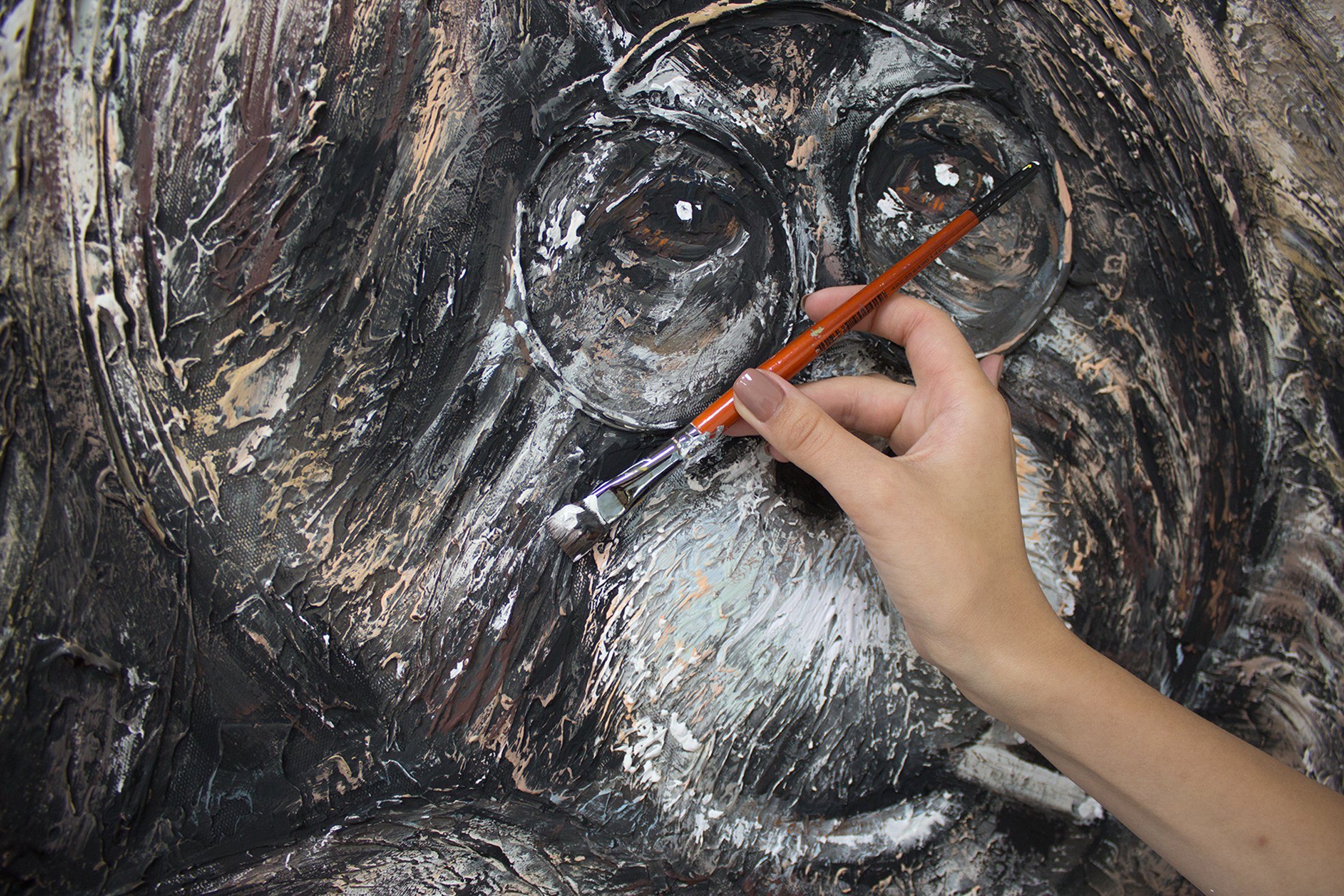 YS-Art Gemälde Handgemalt Tiere, Leinwand Image, Bild Uhr Braun Gold auf Affe mit