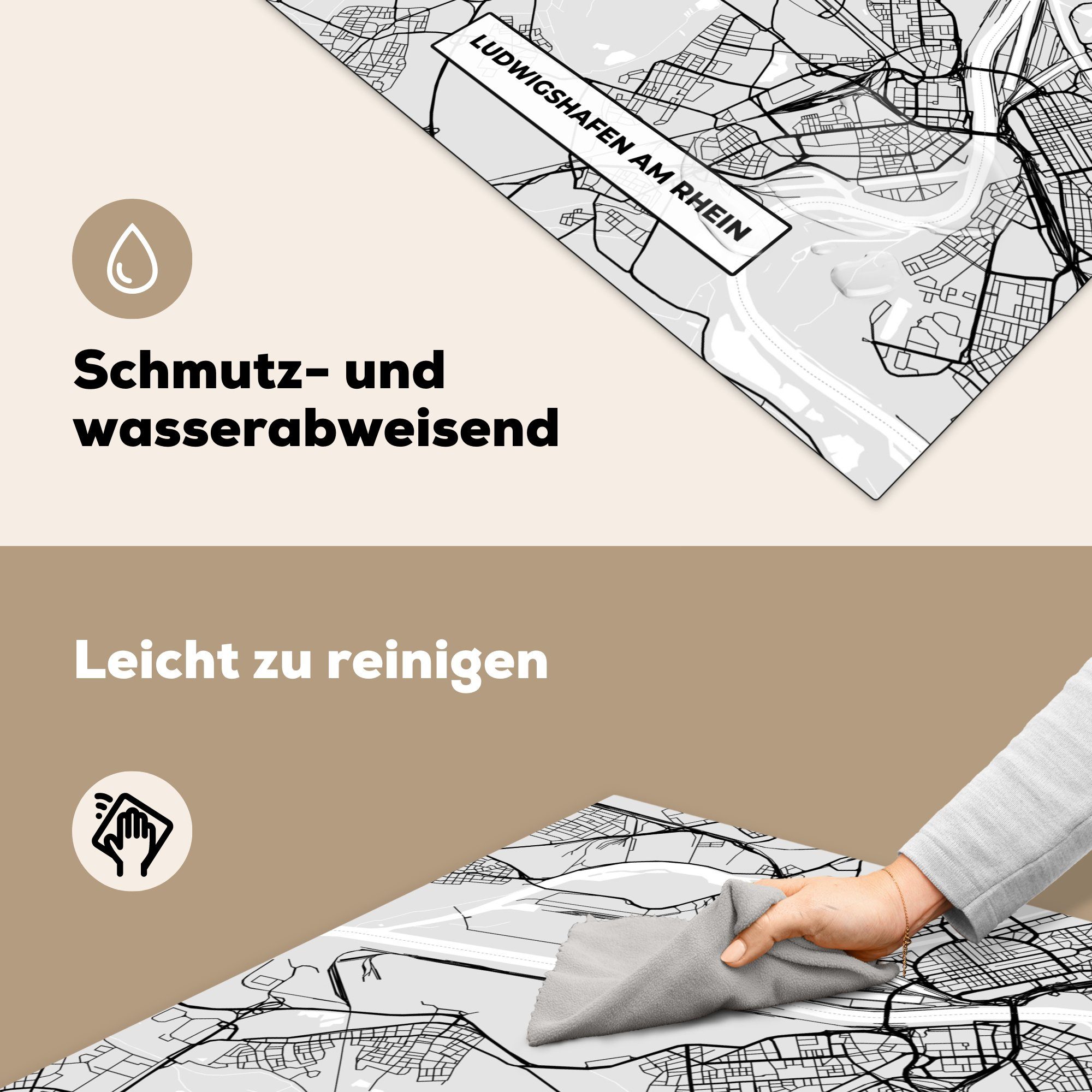 78x78 cm, - Rhein Ceranfeldabdeckung, Stadtplan, Vinyl, Arbeitsplatte - Karte Am Ludwigschafen (1 Herdblende-/Abdeckplatte für - Karte Deutschland - küche MuchoWow tlg),
