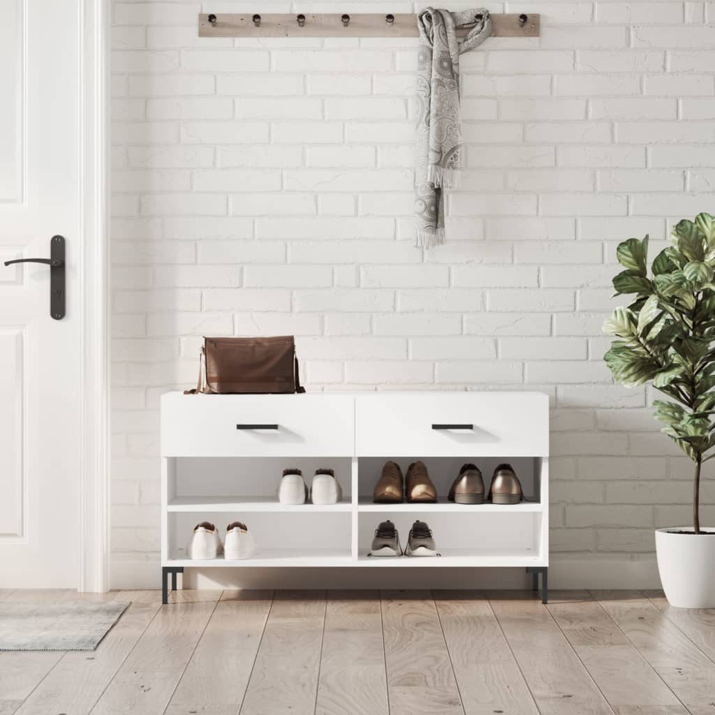 furnicato Schuhbank 102x35x55 cm Hochglanz-Weiß mit Stauraum und Eisenbeinen (1-St), Sitzbank mit 2 Schubladen, 4 Fächern und Wandhalterung für Flur