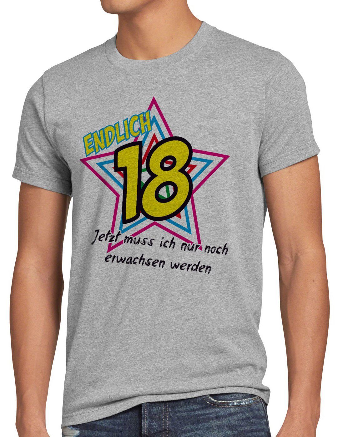 style3 Print-Shirt Herren T-Shirt Endlich 18 Jetzt noch erwachsen werden! Geburtstag Fun Funshirt grau meliert