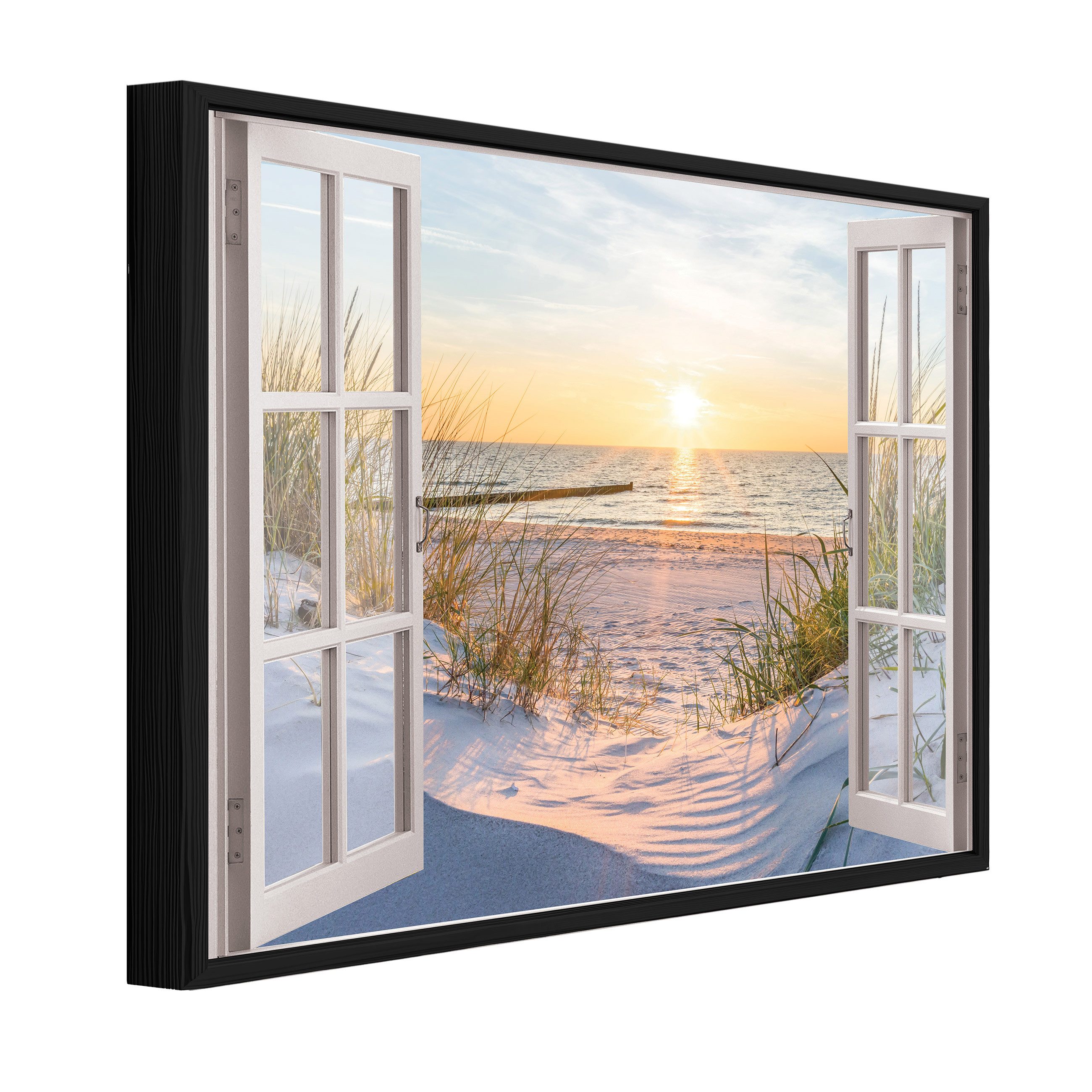 Wallarena Leinwandbild Fensterblick Natur Strand Meer Fenster Modern Leinwandbilder Изображения, Fenster - Natur (Bilder Groß - Wandbilder XXL - Wand Deko Einteilig, 1 St), Leinwand Изображения mit Rahmen Schwarz Wohnzimmer Schlafzimmer XXL 100x75
