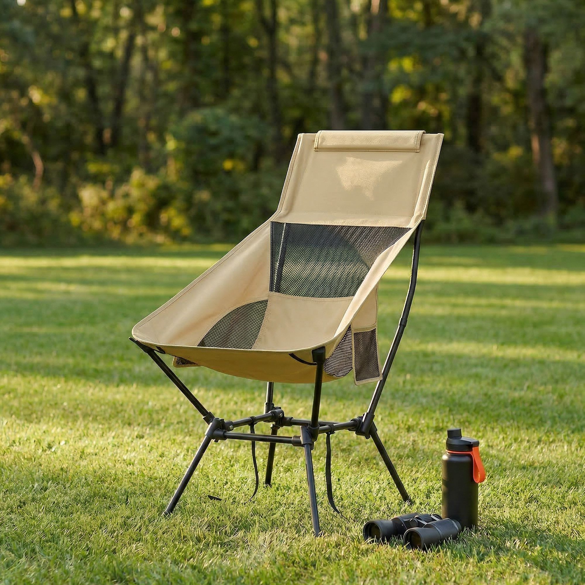 SONGMICS Campingstuhl, klappbar mit verstellbarer Höhe, Stahlrahmen, Kopfstütze