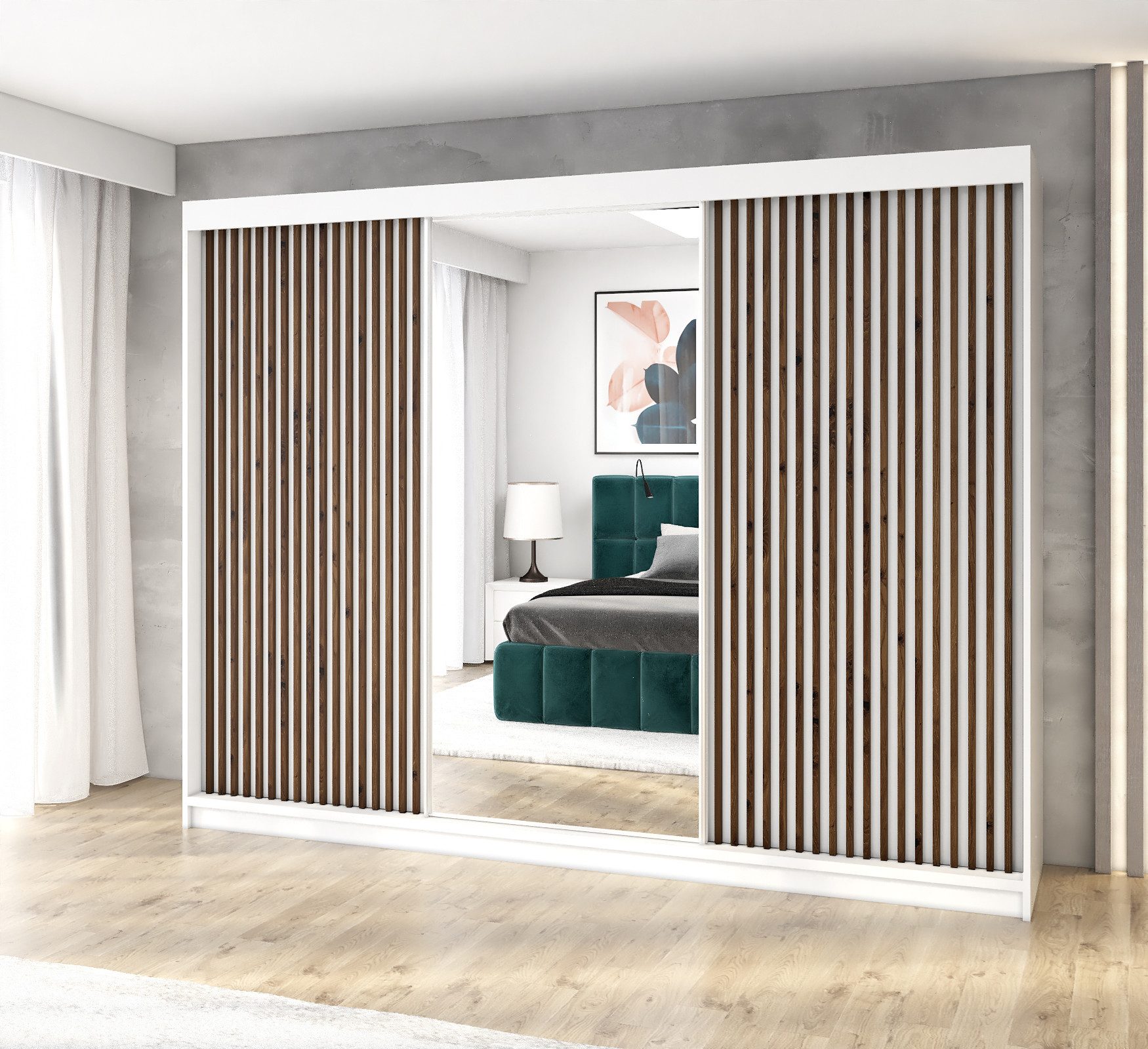 Schwebetürenschrank FARA 200 cm, mit 4 Schubladen, Spiegel, 3D Lamellen