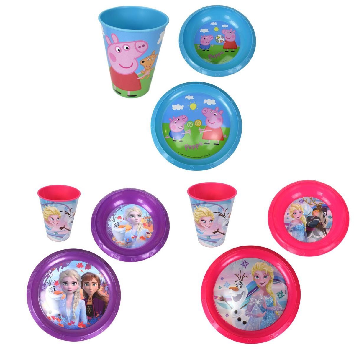 Geschirr-Set Lila Plastikgeschirr-Se Kunststoff Shop 3-tlg. Wutz, Disney Marabellas oder Kinder für Peppa Frozen