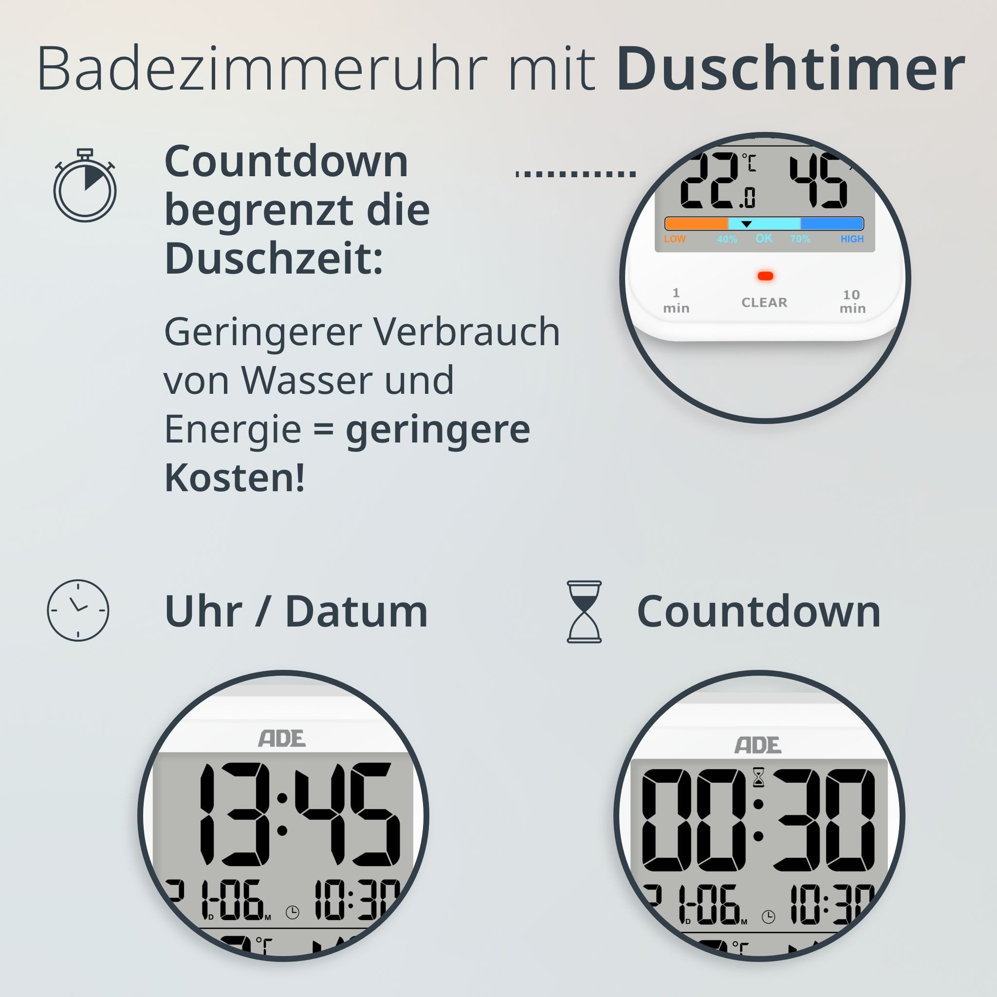ADE Badezimmeruhr Duschuhr, IP65 wasserdicht, mit Duschtimer, Thermometer & Hygrometer (Baduhr mit Countdown, Uhrzeit & Datum, inkl. AAA Batterien)