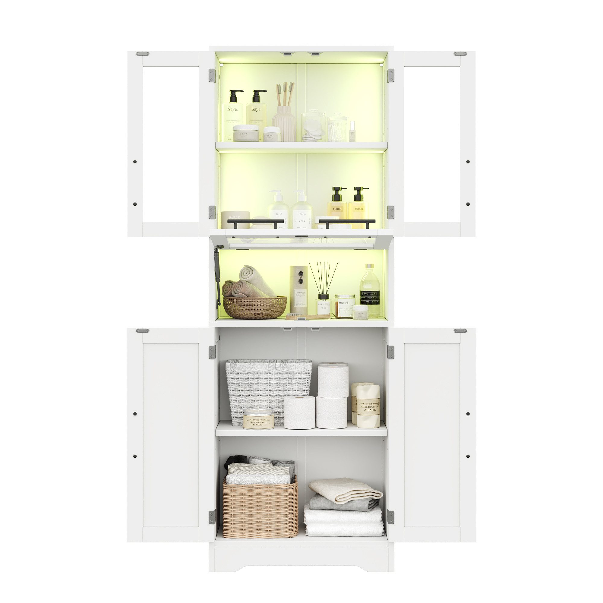 REDOM Hochschrank Badezimmerschrank (für das Badezimmer mit per App steuerbarem LED-Lichtstreifen, Glastüren, verstellbaren Einlegeböden im nordisch-minimalistischen Stil, weiß, 1-St., 60×30×170cm)
