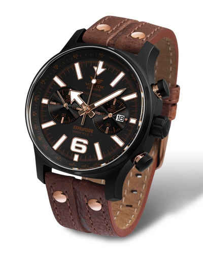 Vostok Europe Quarzuhr 6S21-5953230, Expedition Nordpol 1 Chronograph, Quarz Herrenuhr, braunes Lederarmband