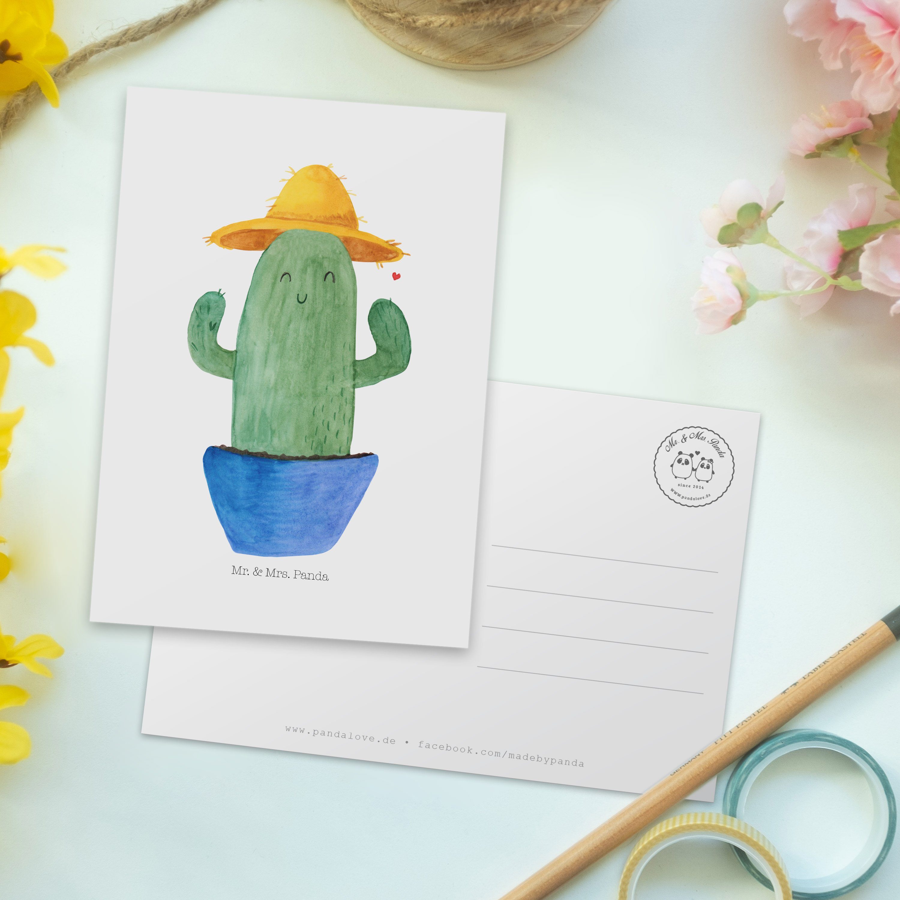 Sonnenhut Postkarte & Weiß - Panda - Karte, Mrs. Einladungskarte, Geschenk, Motivatio Kaktus Mr.