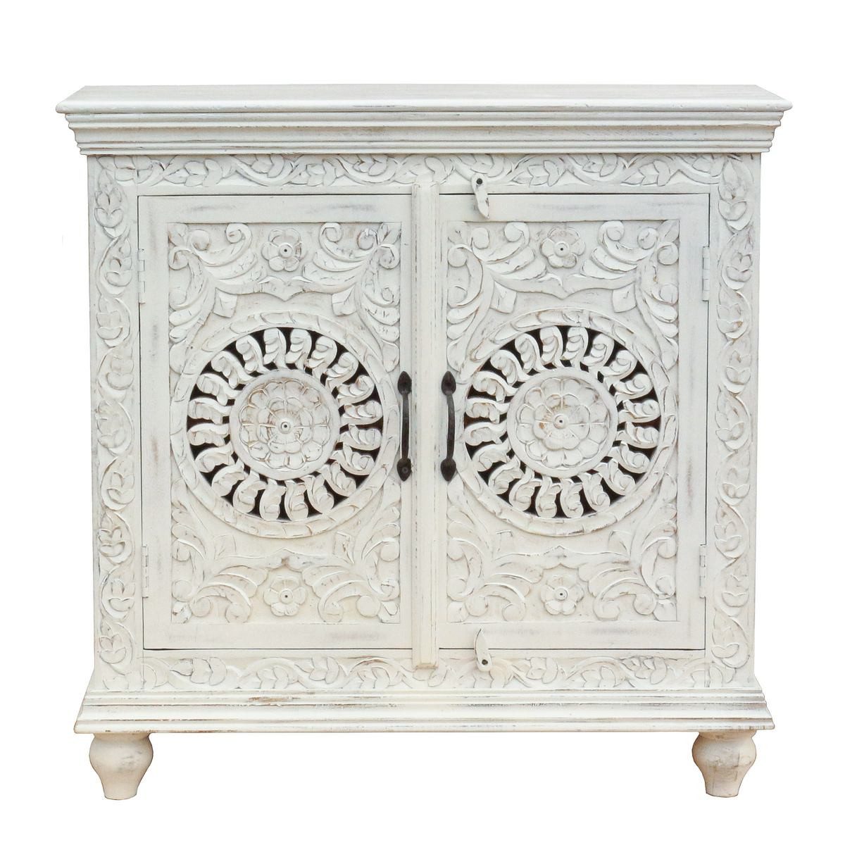 Oriental Galerie Unterschrank Weiß Whitewash Sideboard Taralea Indien 90 cm Kommode Landhausstil Weiß, Holzkommode massiv, Shabby Chic, Vintage