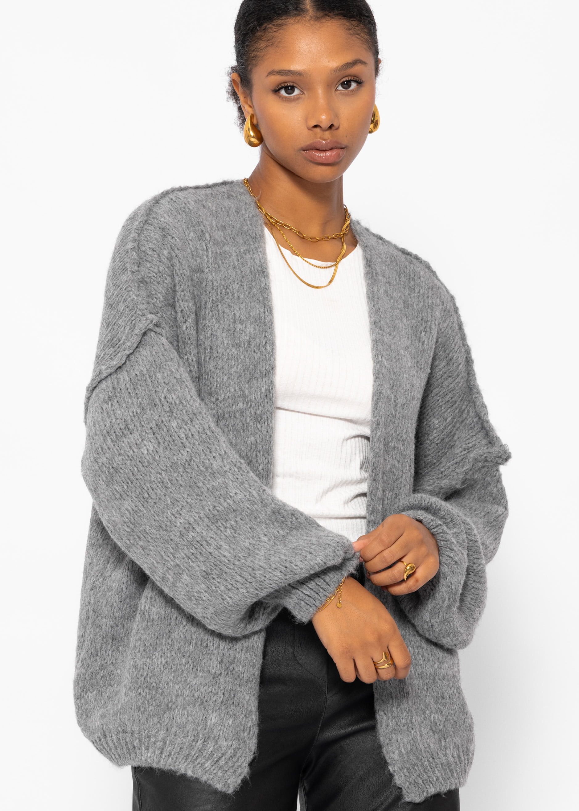 SASSYCLASSY Cardigan Lässiger Oversize Cardigan Damen mit Außennähten Offen fallende Strickjacke aus weichem Strick Elegant Grau Grün Beige