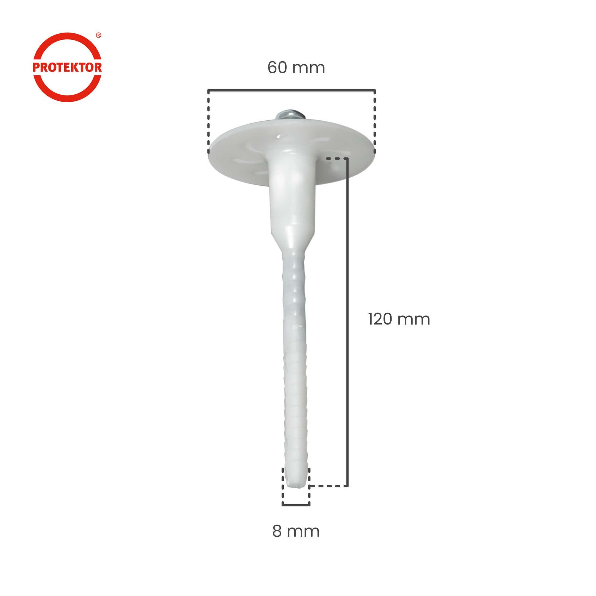 PROTEKTOR Schrauben- und Dübel-Set Dämmstoff-Schraubdübel Ø8mm mit verzinkter Stahlschraube, vormontiert, (100x Dämmstoff-Schraubdübel Ø8x120mm, 100 St., WDVS Dübel für Fassadendämmung)