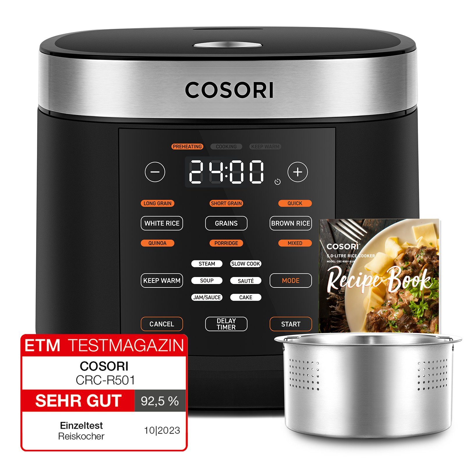 Cosori Multikocher, CRC-R501-KEU + Zubehör, 970,00 W, 5,00 l Schüssel,Reis und Getreide, kochen, dämpfen, backen, Suppen, warmhalten, Timer