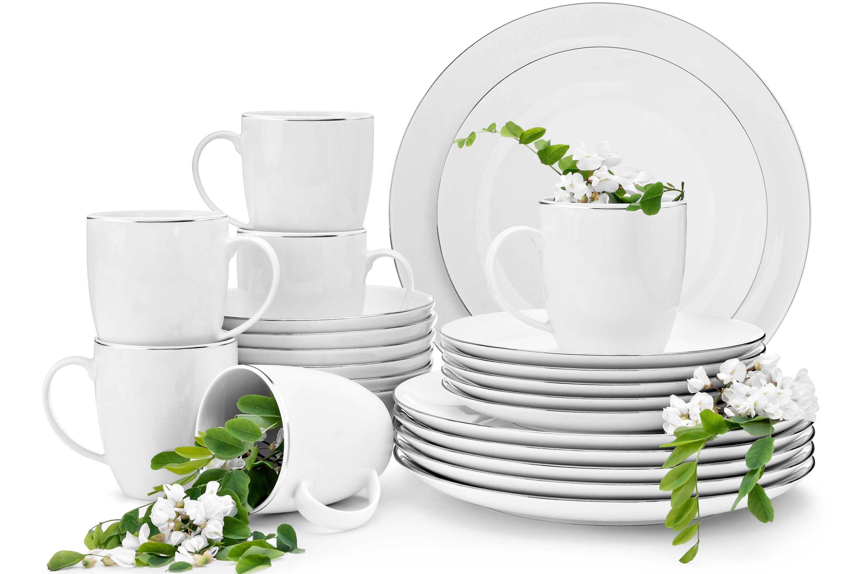KONSIMO® Kombiservice BOSS Tafelservice Becher-Set (24-tlg), 6 Personen, Porzellan, rund, Speiseteller, Dessertteller, Suppenteller, Becher