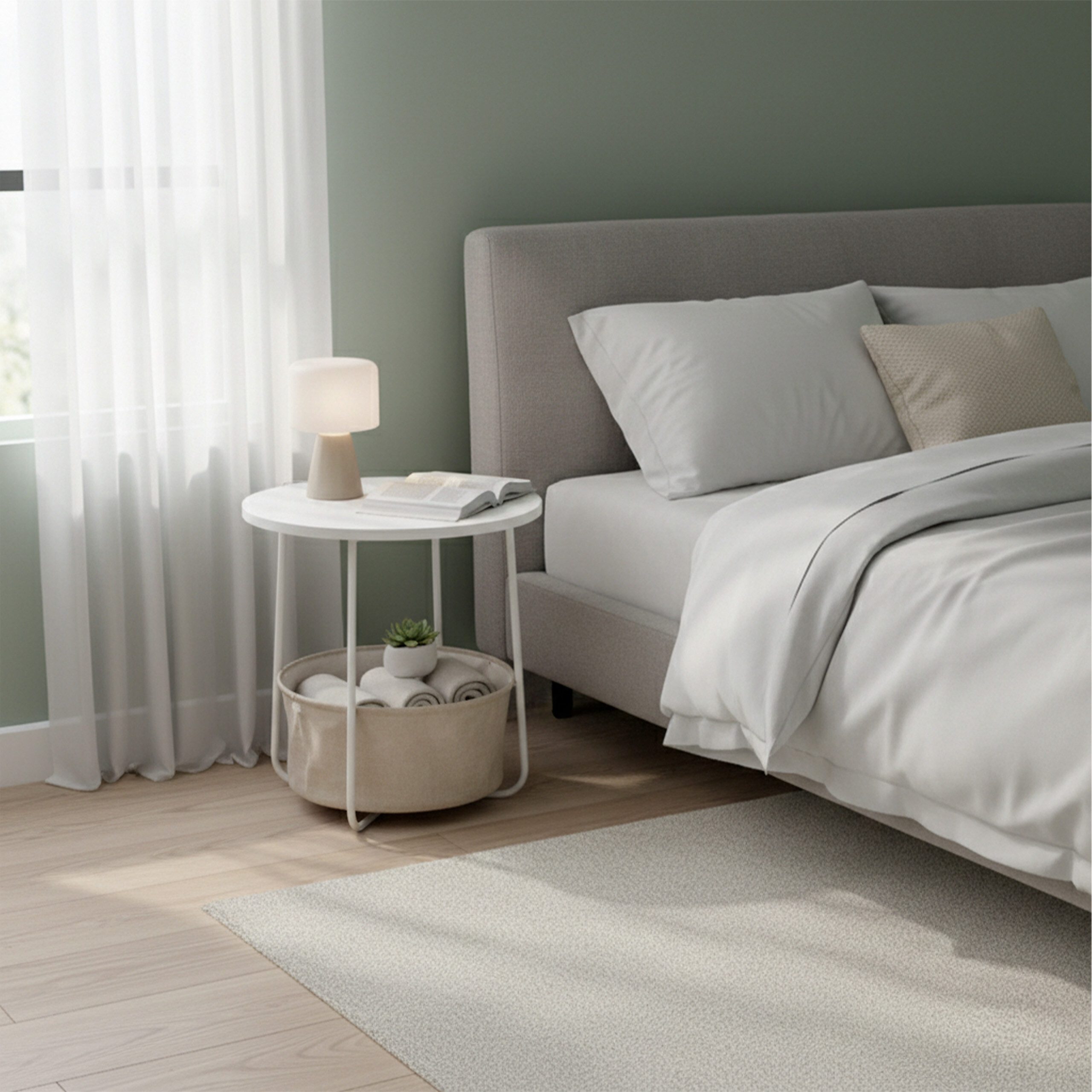 relaxdays Beistelltisch Runder Beistelltisch mit Korb, Weiß-Beige
