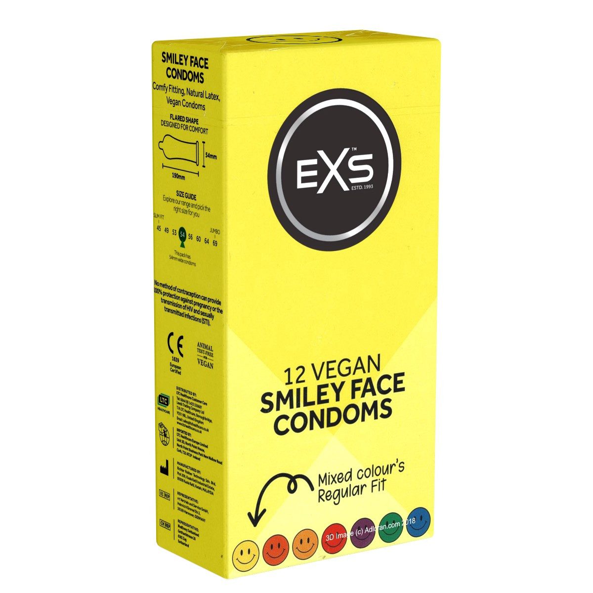 EXS Kondome Smiley Face - glückliche Kondome in Rundfolien Packung mit, 12 St., witzige Kondome mit Motiv, Rundfolien mit Emoji/Smiley-Motiven in verschiedenen Farben