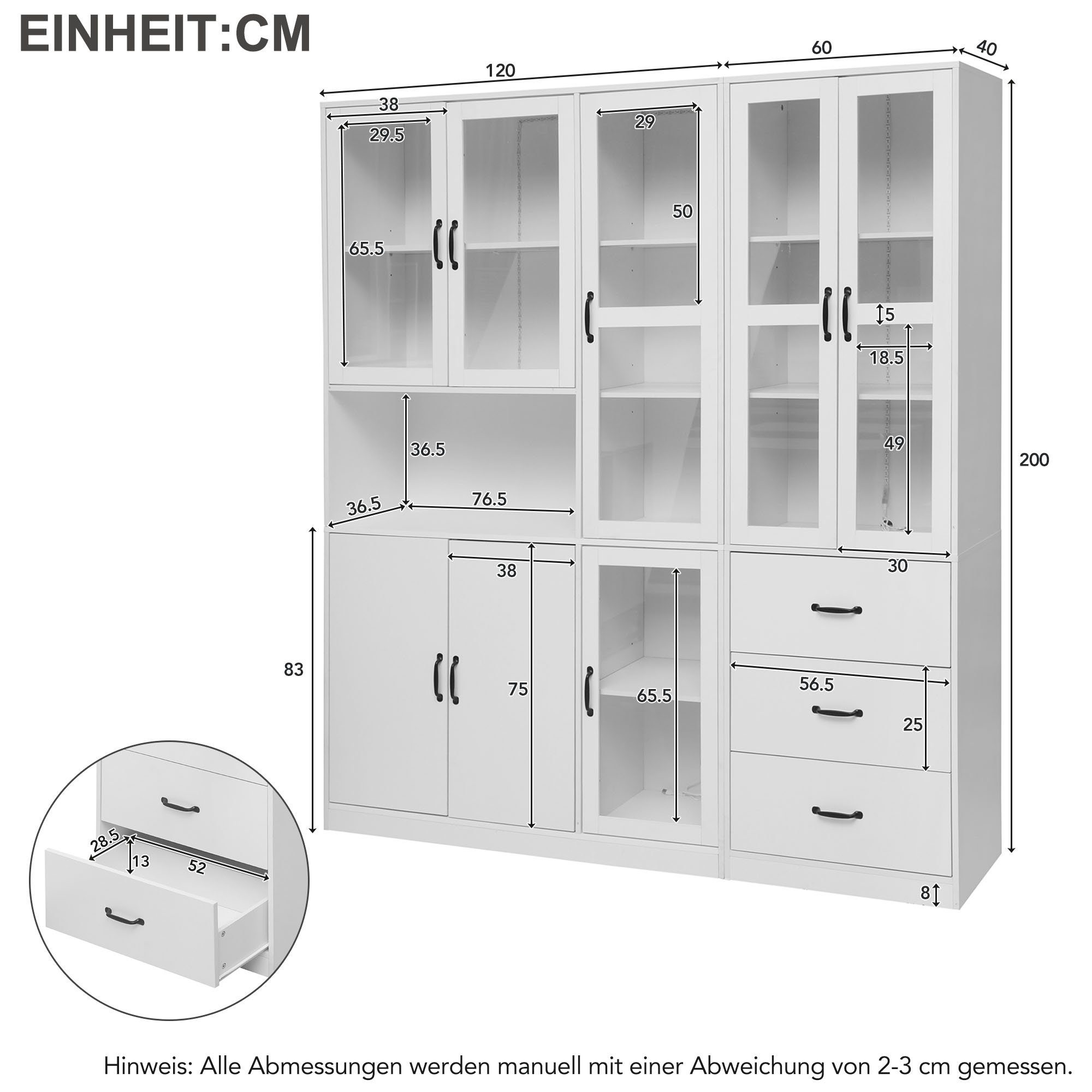 Merax Vitrine mit Acryltüren und Metallgriffe (1-St) Standvitrine mit Einlegeböden und Schubladen,Buffet Schrank,Highboard