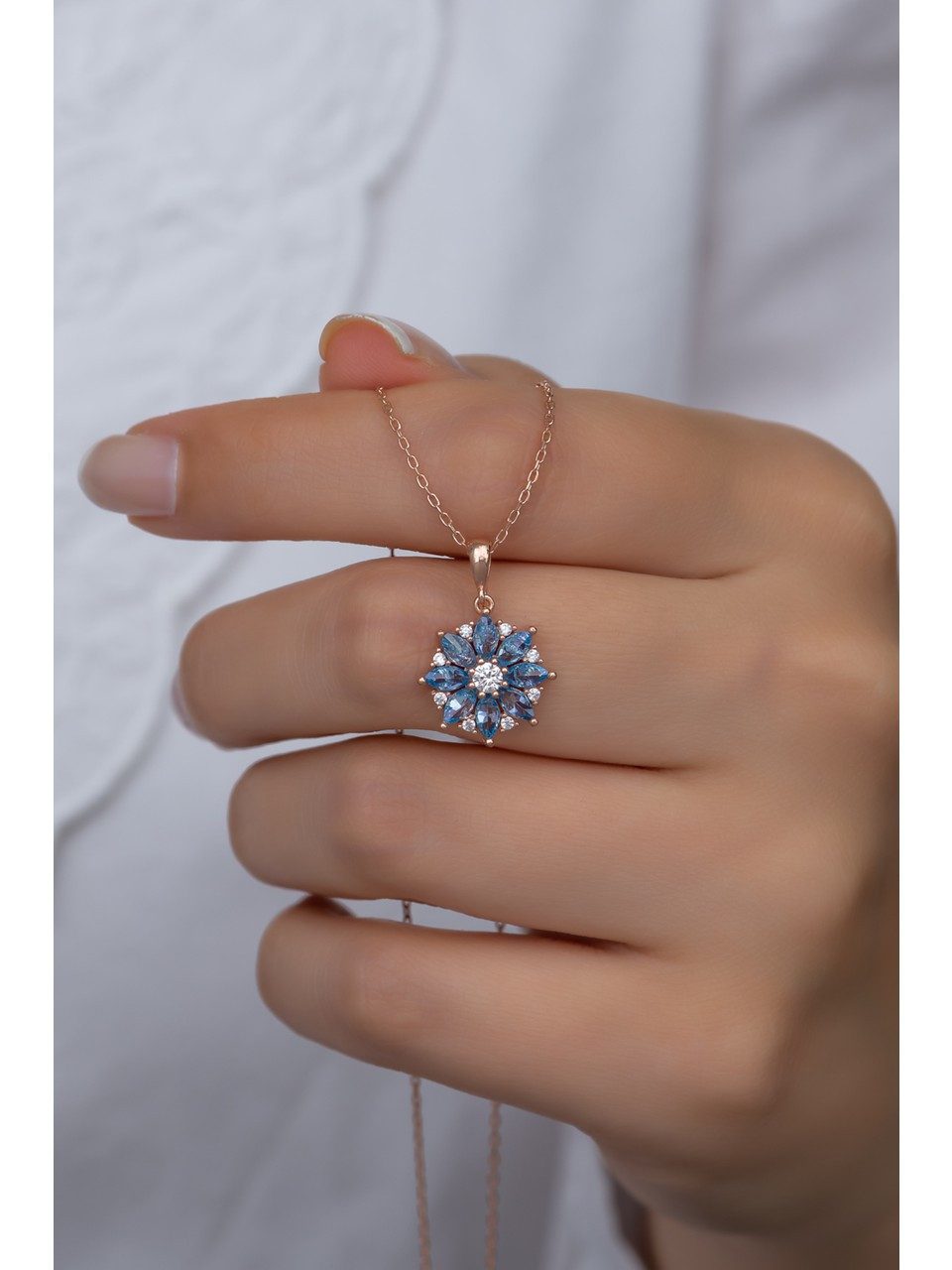 Nisan Kette und Anhänger Set, Halskette, 925er Silber Lotusblume Anhänger mit Aquamarin und Zirkonia