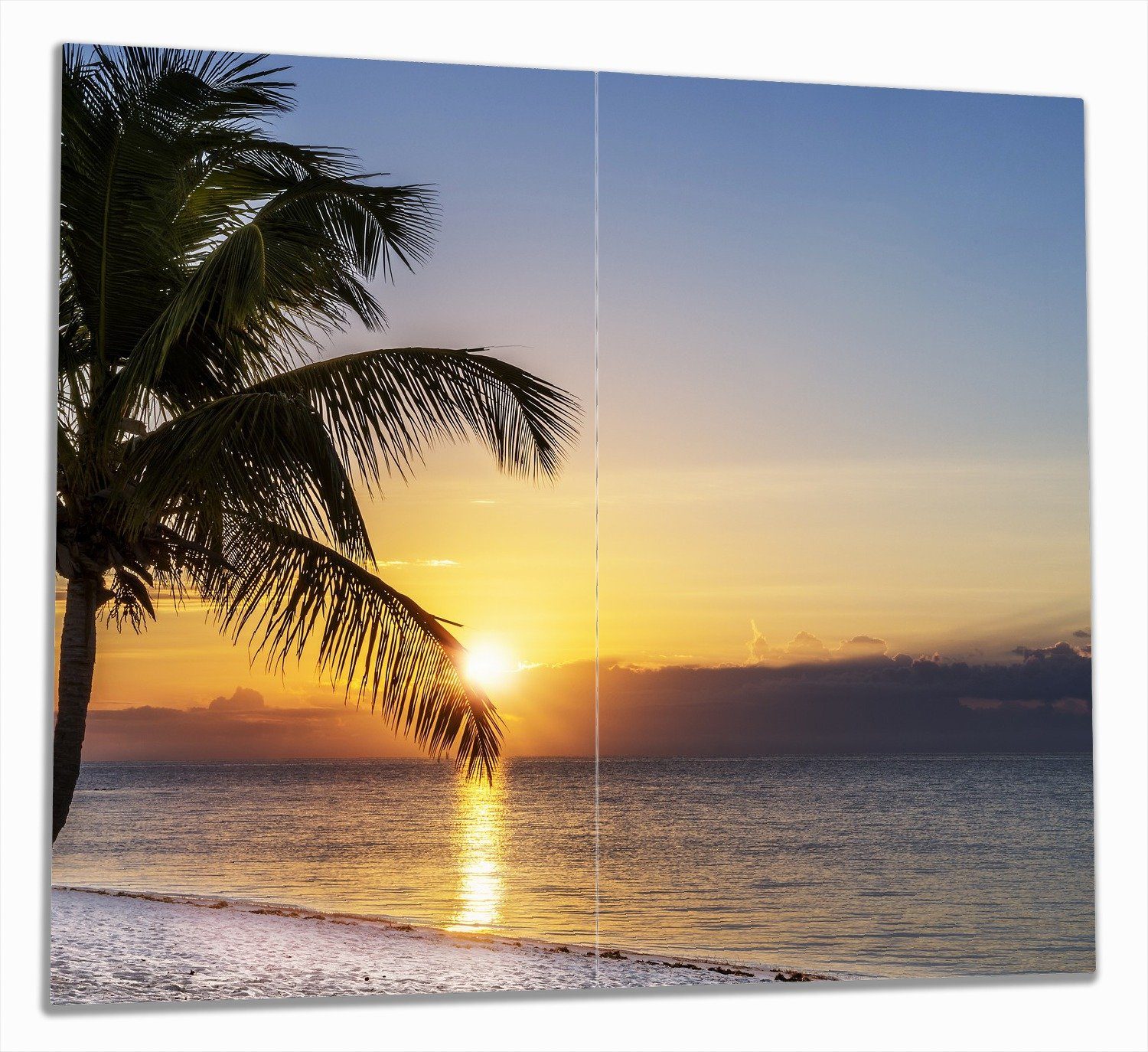 Wallario Herd-Abdeckplatte Palme am Strand - Sonnenuntergang über dem Meer, ESG-Sicherheitsglas, (Glasplatte, 2 tlg., inkl. 5mm Noppen), verschiedene Größen | Herdabdeckplatten