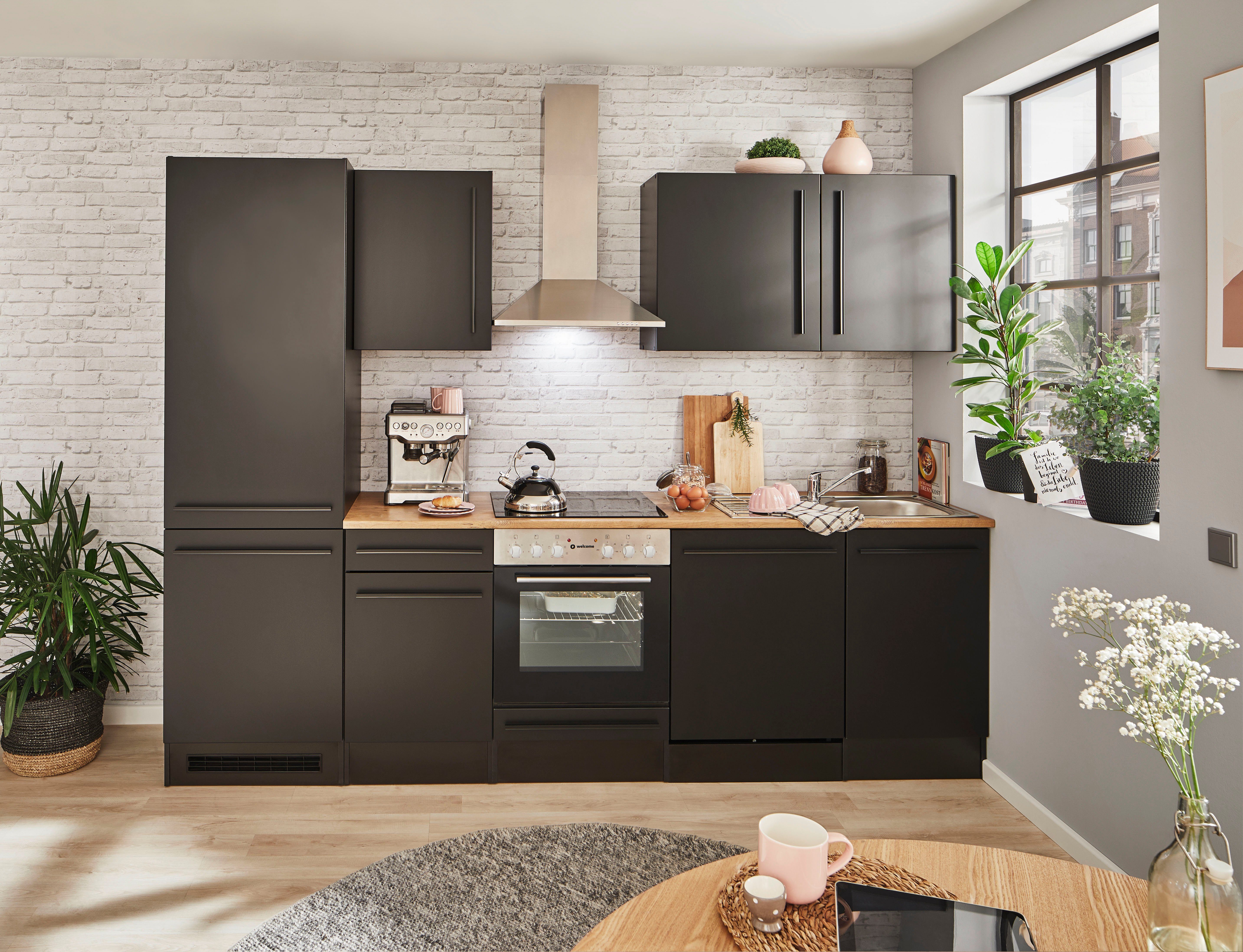 BASIC by Balculina Küchenzeile Jazz, wahlweise schwarz/schwarz-lanzelot Breite cm, eiche E-Geräten schwarz matt MDF 280 mit 