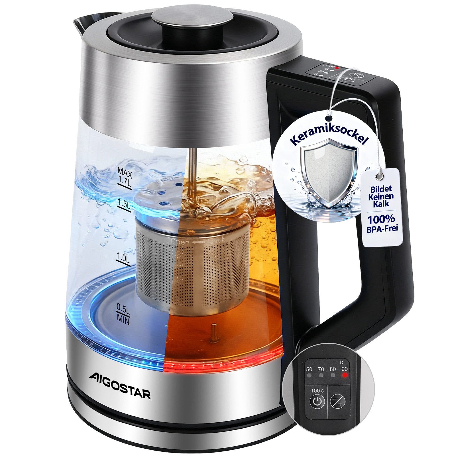 Aigostar Wasserkocher 5 präzise Temperatureinstellungen, Keramikbeschichtung, Kalkfrei, 1.7 l, 2200 W, Keramikbeschichtung, Schnelles Kochen, Warmhaltefunktion, BPA-frei