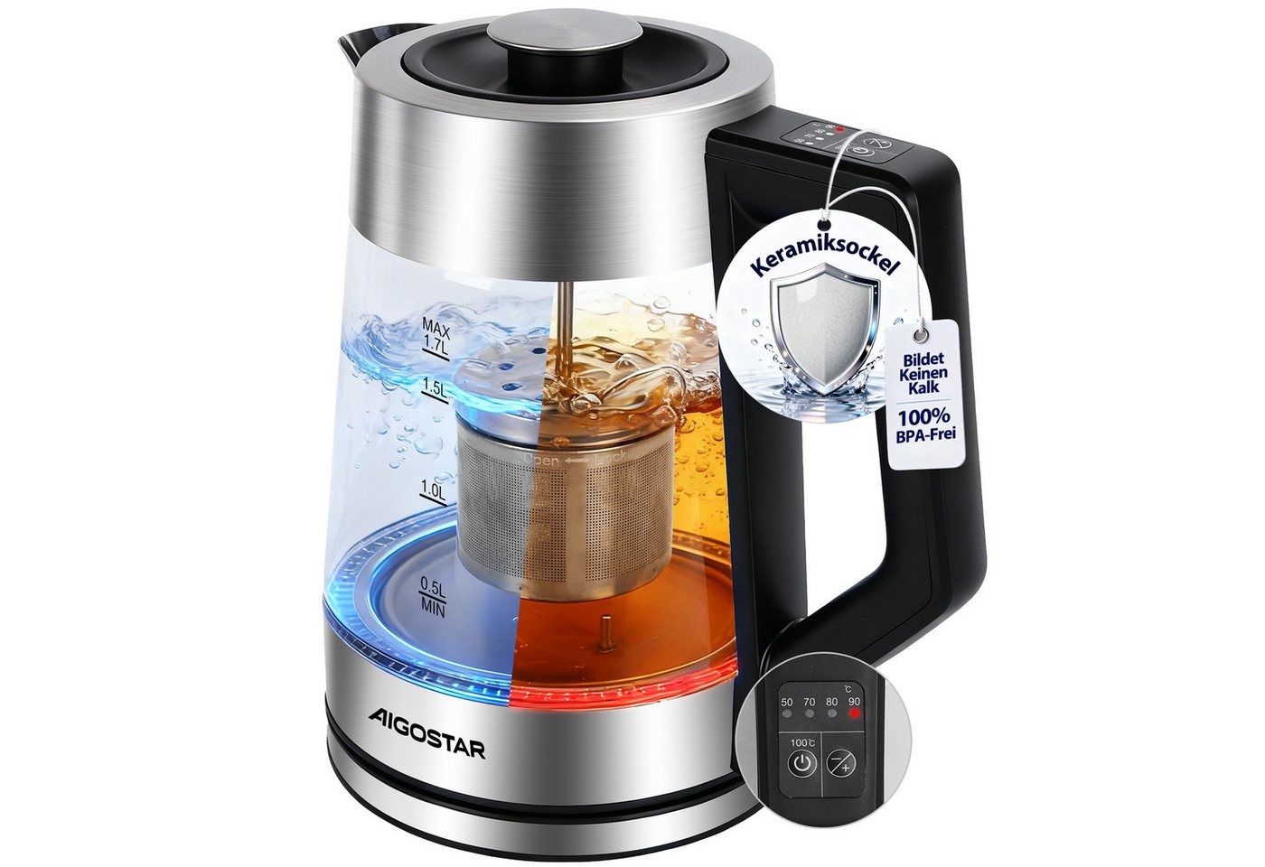 Aigostar Wasserkocher 5 präzise Temperatureinstellungen, Keramikbeschichtung, Kalkfrei, 1.7 l, 2200 W, Keramikbeschichtung, Schnelles Kochen, Warmhaltefunktion, BPA-frei