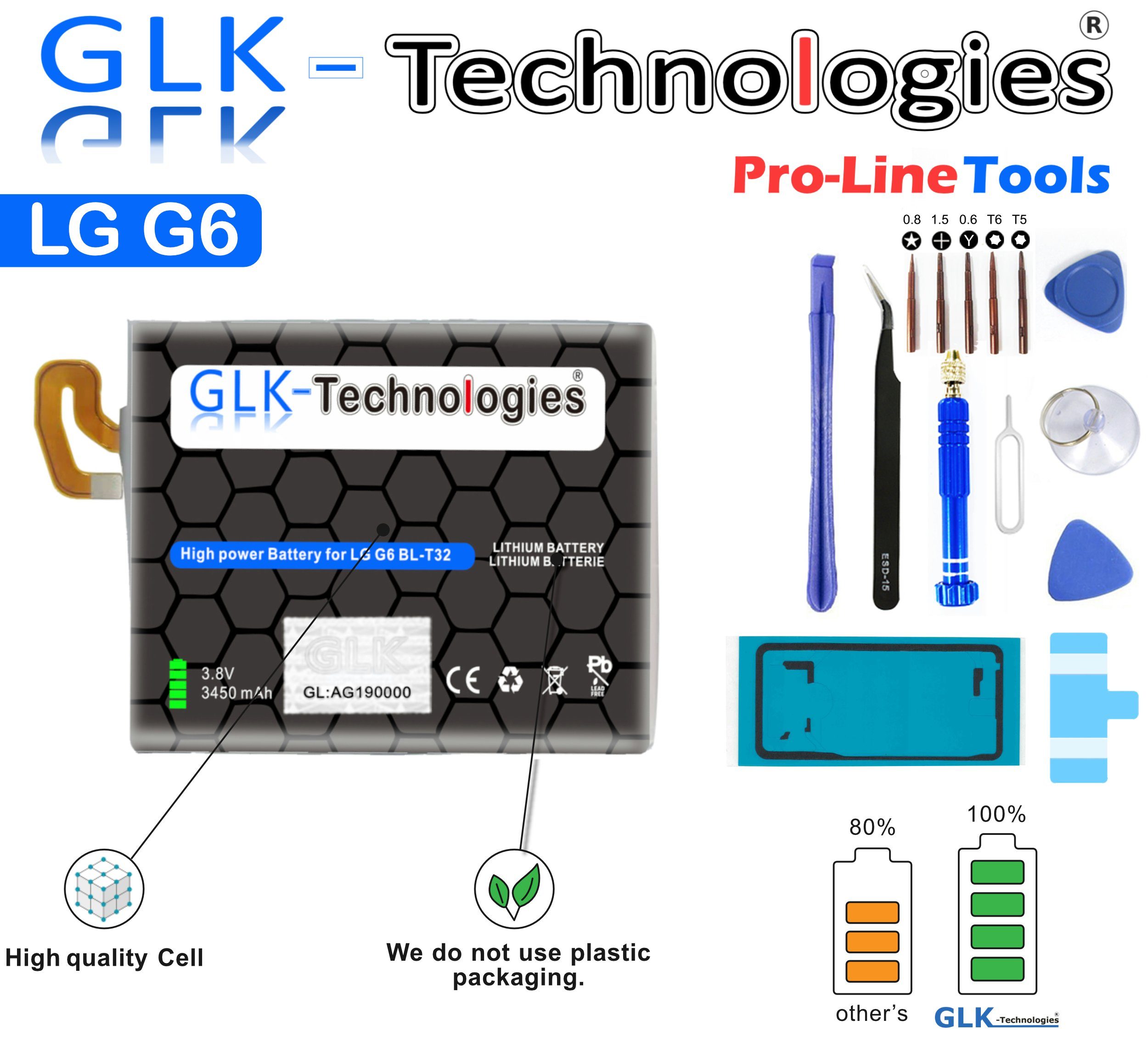 mit H870 GLK-Technologies LS993 Power H872 High (3.8 LG Profi VS998, Kit Akku, Battery, kompatibel Werkzeug G6 V) mAh accu, inkl. G6+ H871 GLK-Technologies mAh Smartphone-Akku 3450 Set 3450 Ersatzakku